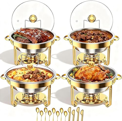 4 Pack Gold Round Chafing Dishes for Buffet, 5 QT Food Warmers and Cold Food Server for Parties, Events Hosting, Family Gatherings, Full Set
