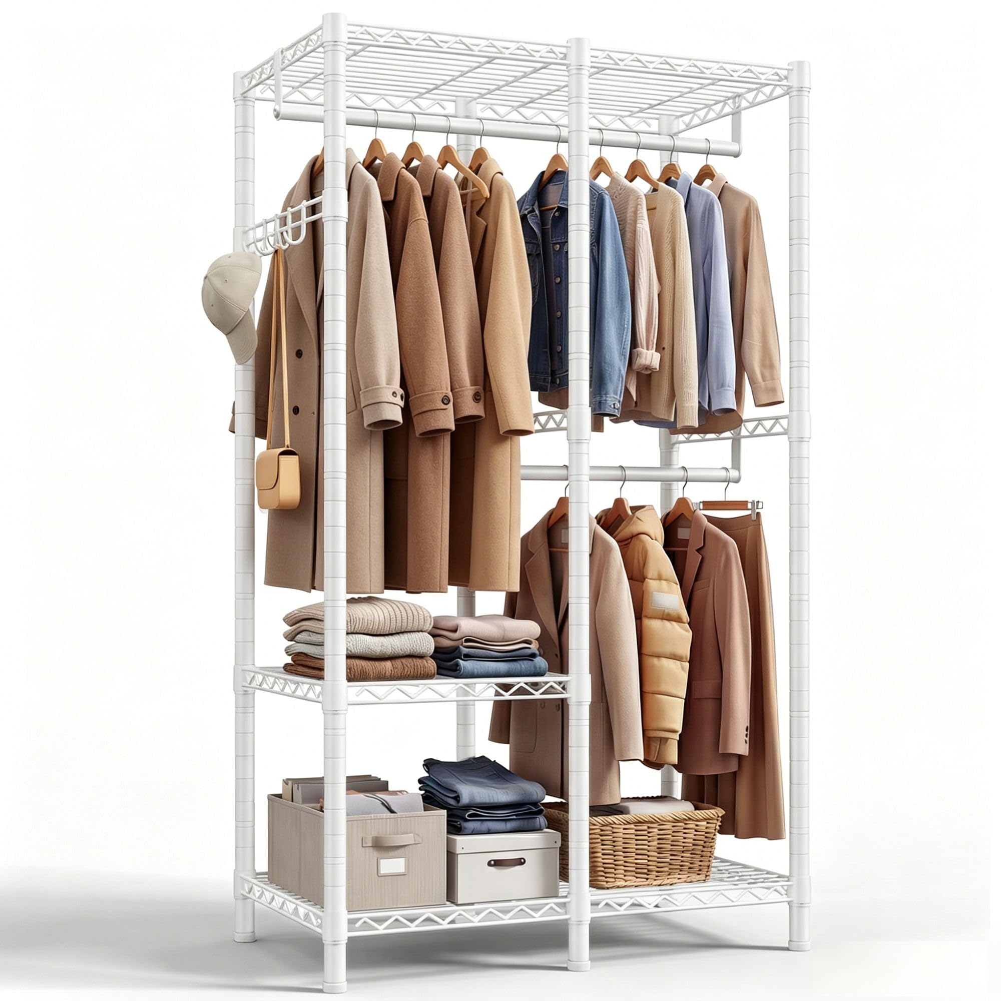 Portant à vêtements solide, Penderie Vêtement Dressing Chambre Adulte avec 3 étagères réglables en hauteur, 2 tringles à vêtements, 4 crochets, métal, 200 KG, 80x40x194,5 cm, pour entrée, Blanc