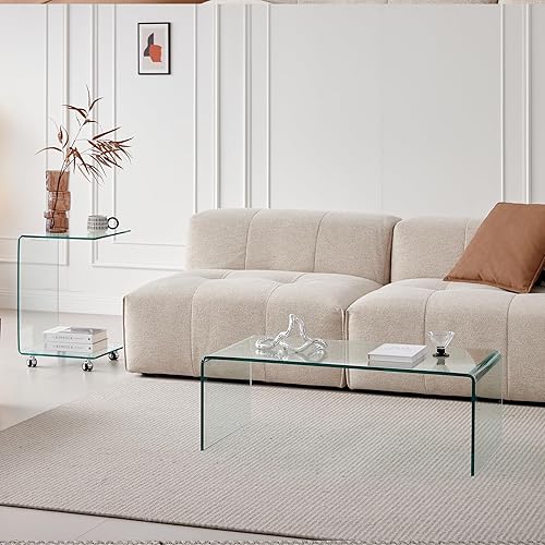 Miniatura 6 de Mesa de café de vidrio SMARTIK, mesas de café modernas transparentes para sala de estar, pequeña mesa rectangular de vidrio templado en cascada para