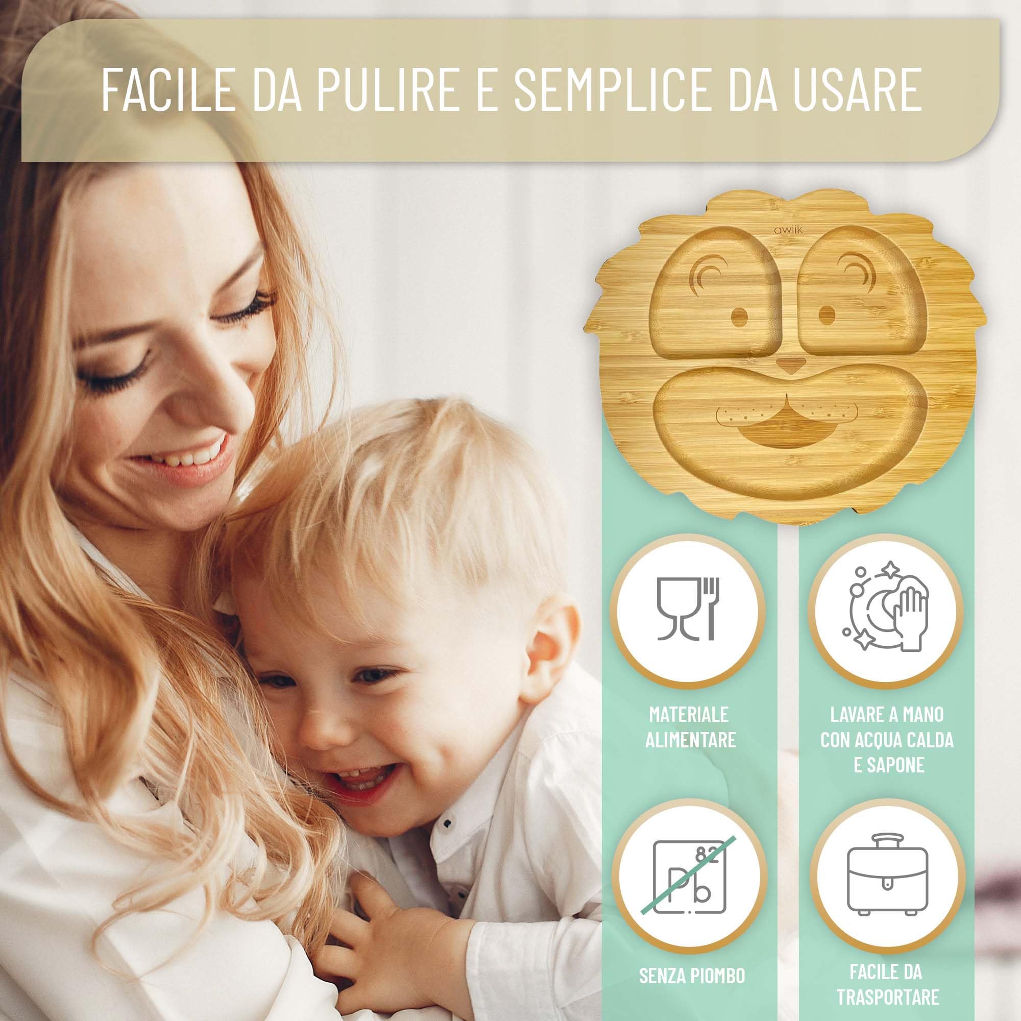 Piatto in Bambù Con Forte Ventosa per Neonati e Bambini Piccoli. Antiscivolo e Antiribaltamento per Imparare a Mangiare BLW. (Lion)