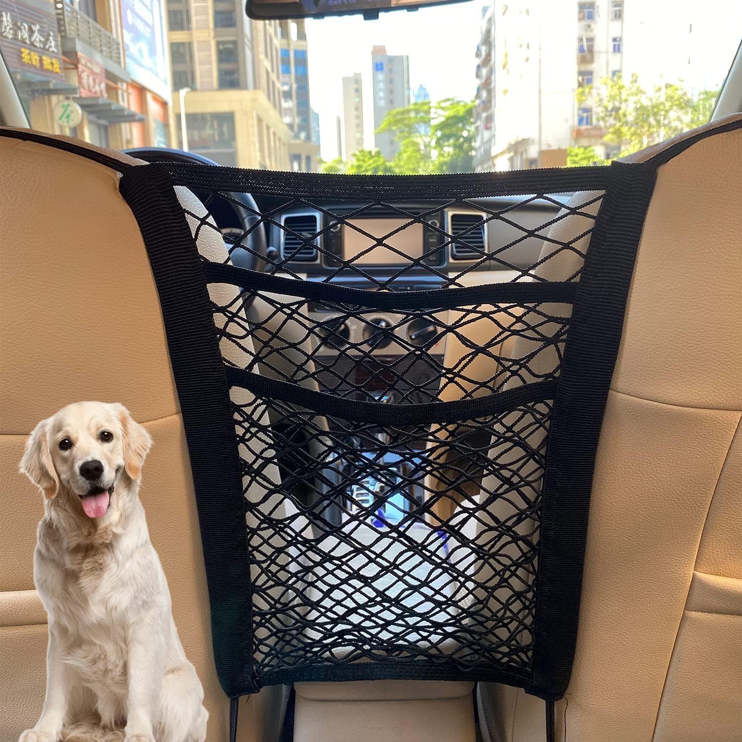 - 3‑Layer Car Mesh Organizer & Seat Back Net Bag | Universal Car Storage & Barrier for Backseat Pets, Kids, Cargo, Tissue, Purse & Driver Essentials (Pack of 1)