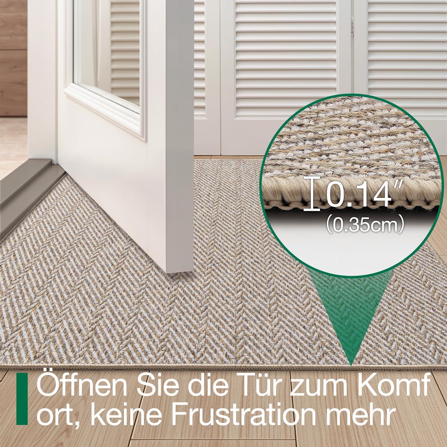 LUMI Extra Dünne Fußmatte Innen 80x120 cm, Eingangsmatte, Beige | 0.35 cm Flachdesign, Schmutzfangend, Schnelltrocknend, Wasserabweisend, Rutschfeste Gummiunterseite, Fischgrätmuster