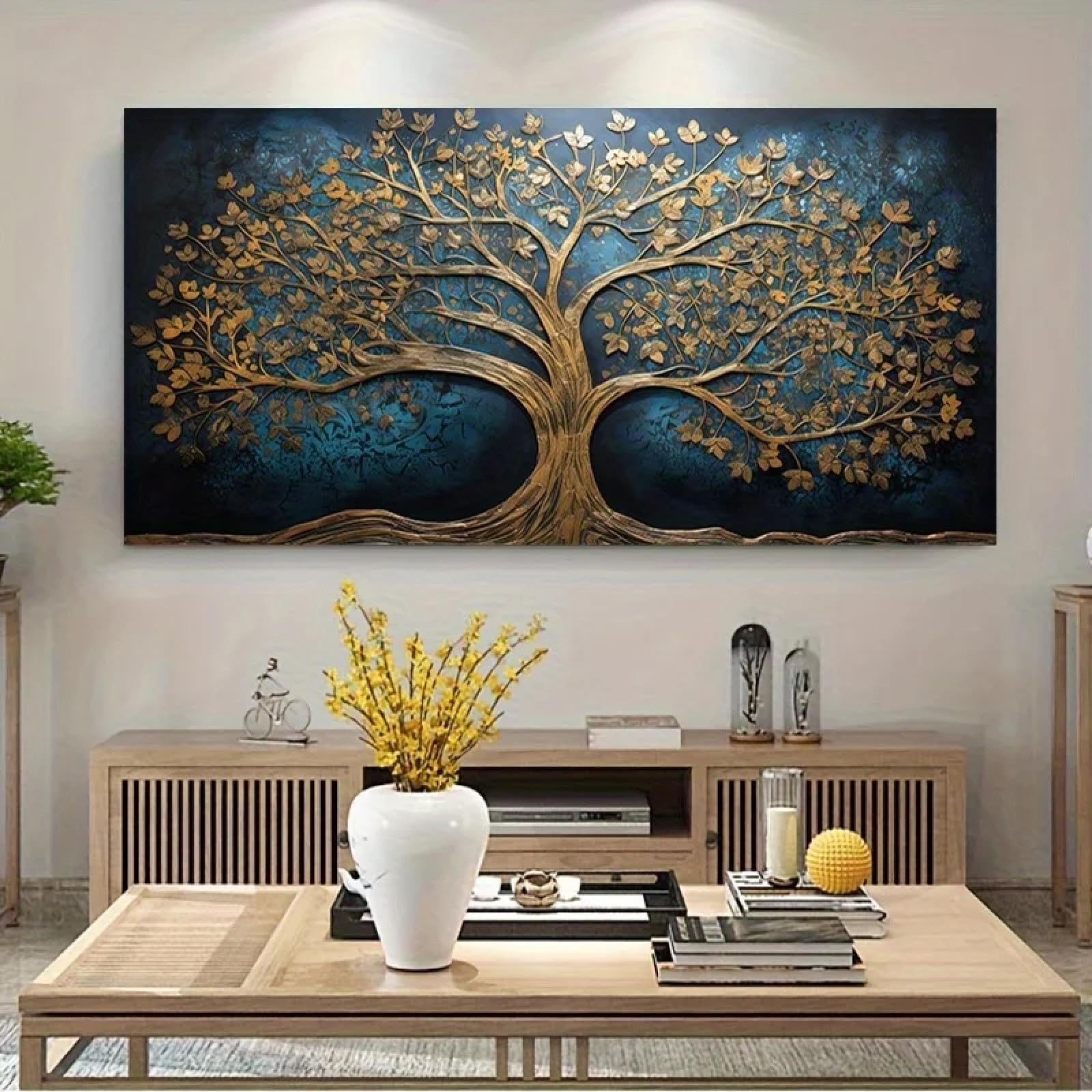 JACBON Abstract Tree of Life Wall Art Canvas Golden & Navy Blue Intricate Branches with Birds, Large Wall Art Home Decor 60x120cm（24x47inch InternalFrame