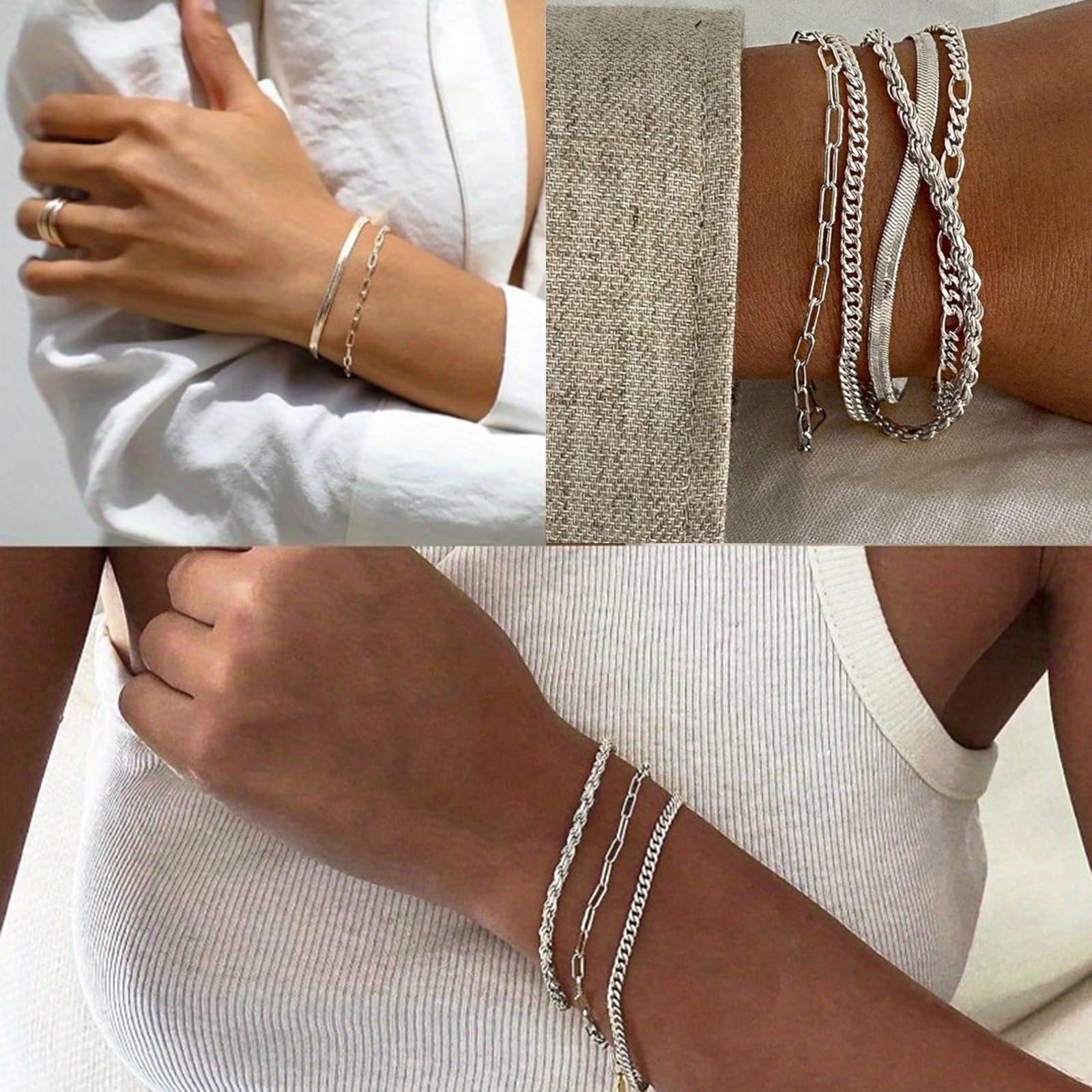 Joyas de Mujer - Set de 18 Piezas: Brazalete Dorado, Cadena y Collar Plata, Gargantilla y Choker Dorado, Bisutería, Joyería y Colgante para Mujeres, Plata — view 7