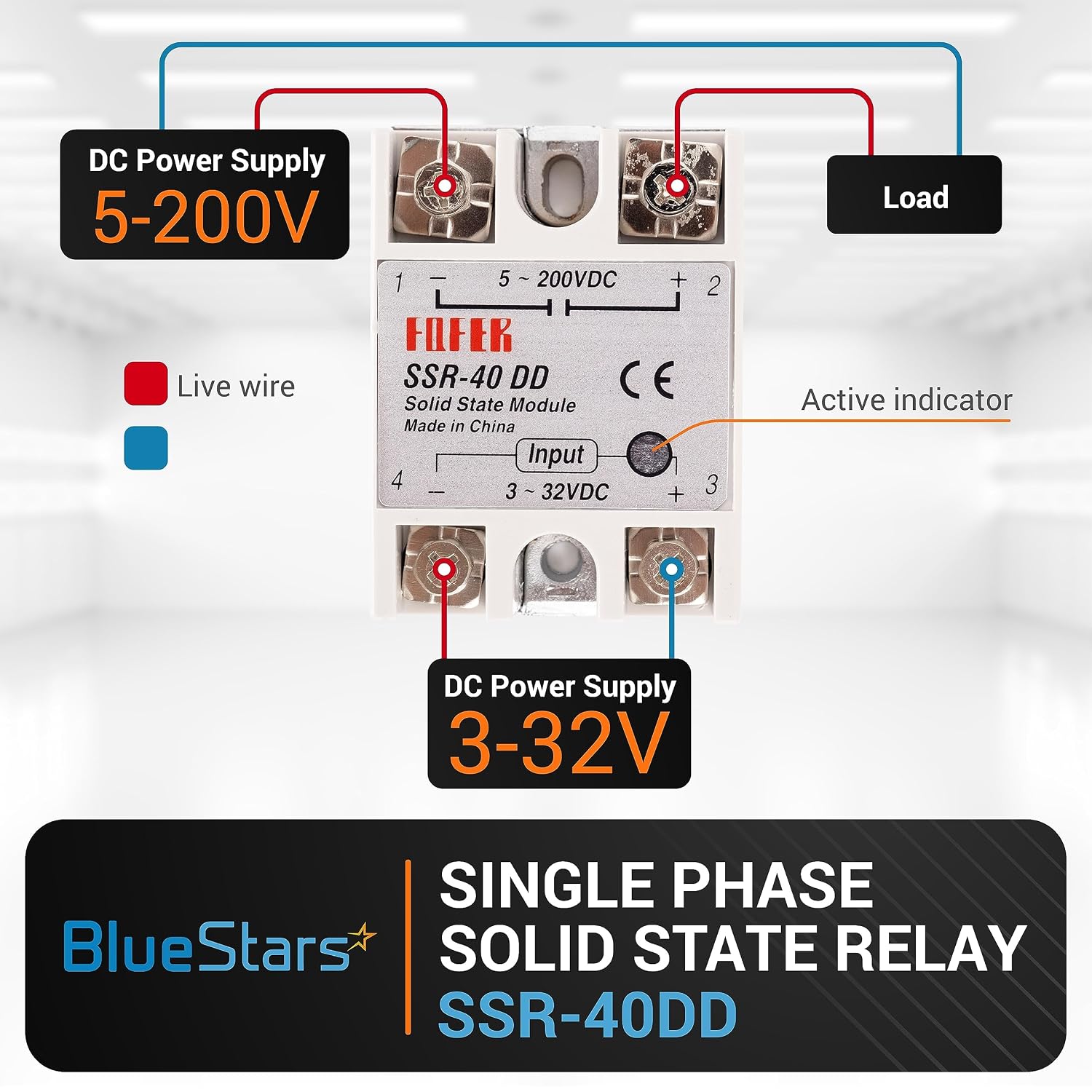BlueStars 2-Pack SSR-40DD 40A Solid State Relay DC 3-32V to DC 5-200V | DC 3-32V input, DC 5-200V output, single phase semiconductor relay for automation and industrial control.