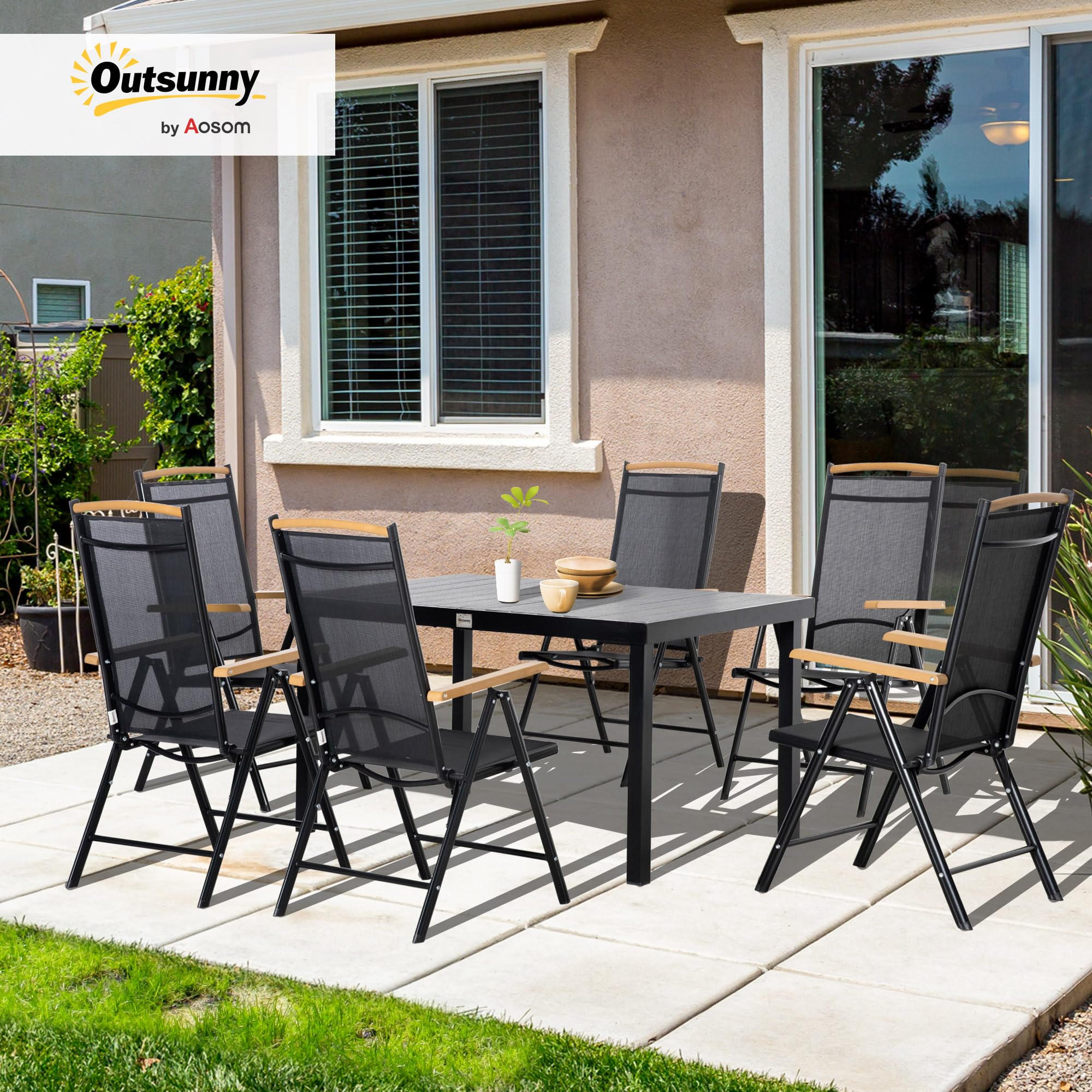 Outsunny Salon de Jardin extérieur 6 Personnes, Table de Jardin extérieure avec 6 chaises, Cadre en Aluminium, chaises Pliables et inclinables, mobilier de terrasse, Patio, Noir