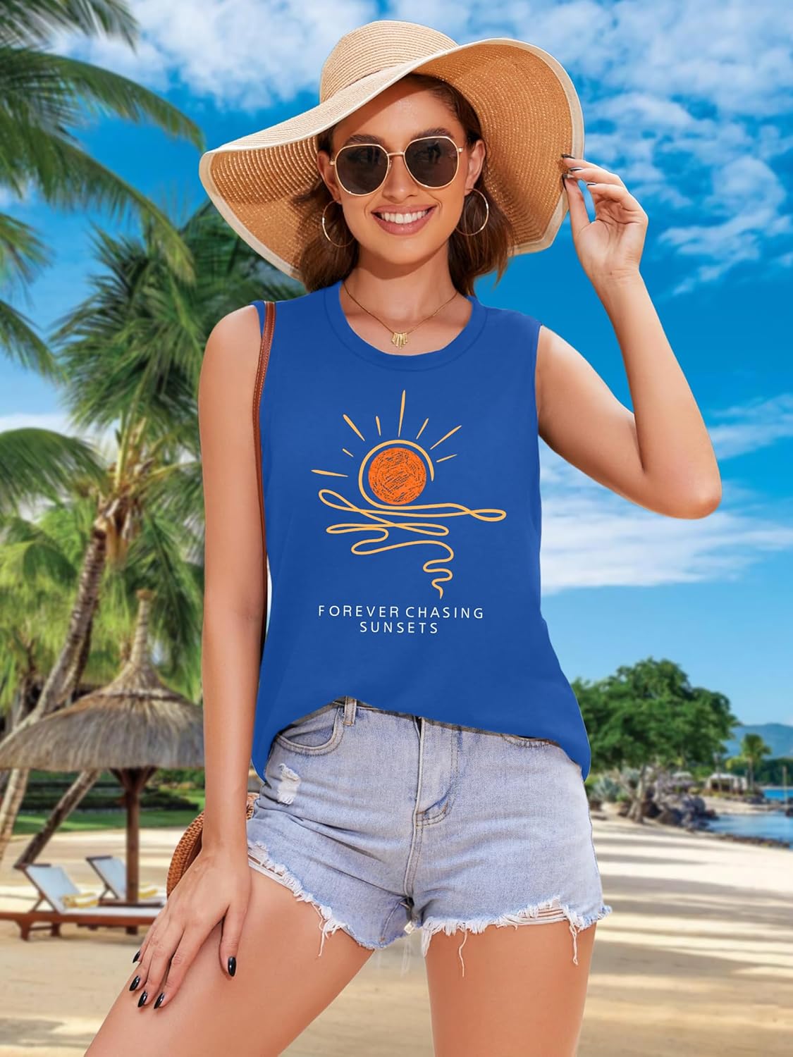 Beach Tank Tops Women Forever Chasing Sunset Shirts Hawaiian Sleeveless Shirt Summer Vacation Tee Tops - Image 2