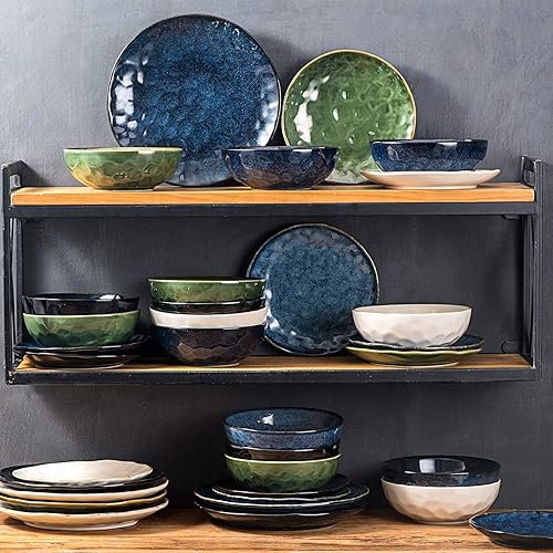 Miniatura 9 de vicrays Juego de vajilla de 18 piezas, platos llanos de cerámica acanalados, platos de ensalada, cuencos, aptos para microondas, horno y