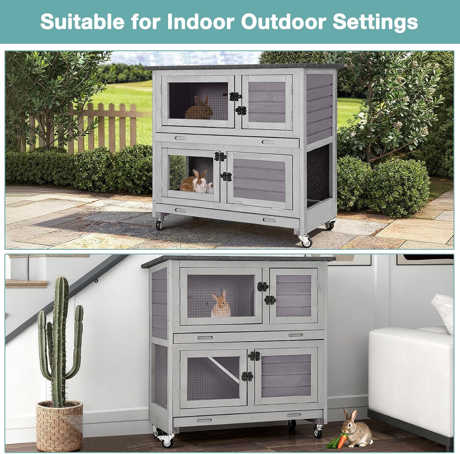 Suumerpety 36" 2-Story Wooden Rabbit Hutch with Chew-Proof Ramp, Dual Leak-Proof Pull-Out Trays & 4 Lockable Wheels, Indoor Outdoor Bunny Cage for Rabbits & Guinea Pigs (Grey)