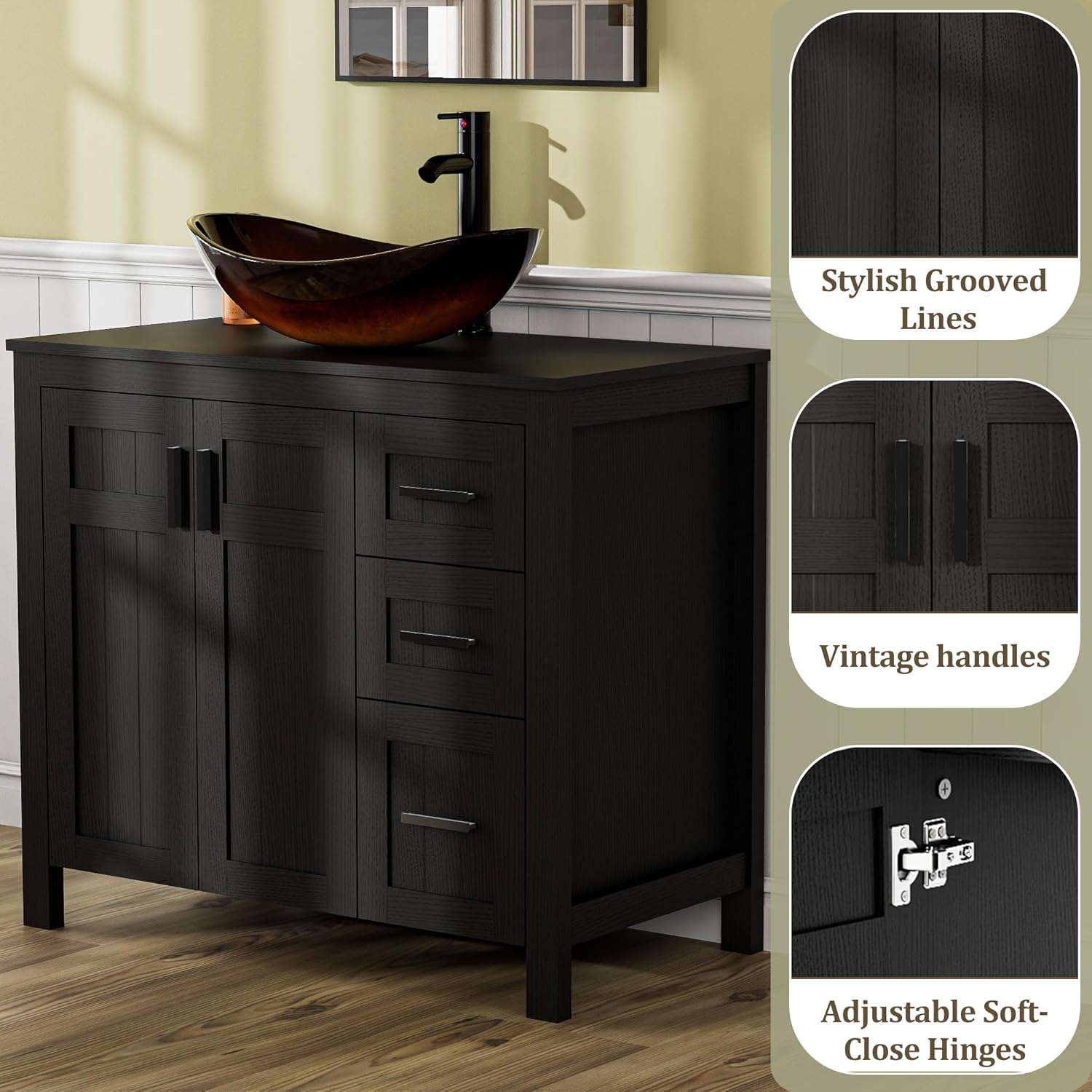 UEV 36" Bathroom Vanity with Sink Combo,Modern Freestanding Sink Cabinet with 3 Drawers,Stylish Bathroom Vanity Cabinet,Grooved Door,Metal Handles,Vessel Sink (Bronze Boat, 36" Black)
