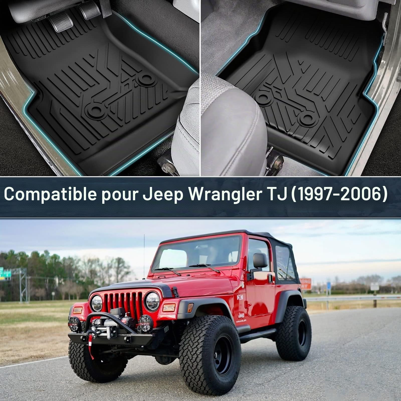 Lot de 2 Tapis de Sol pour Jeep Wrangler TJ 1997-2006, Tapis de Protection en TPE Contre Les intempéries, Doublure de rangée Avant, Motif électronique, Noir