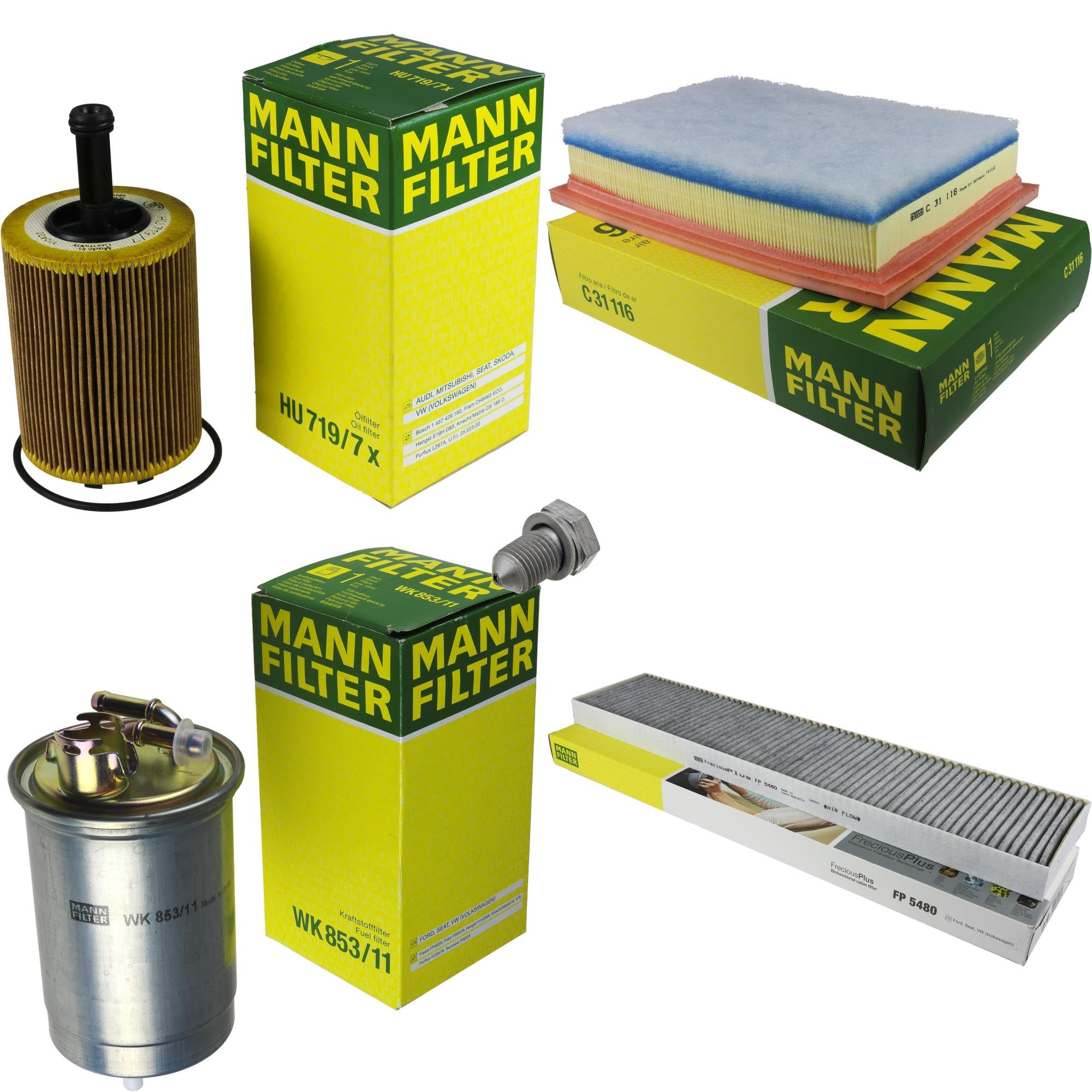 Paquete de inspección Kit de mantenimiento de filtros con filtro de aceite HU 719/7 x, filtro de aire C 31 116, filtro de combustible WK 853/11, filtro de habitáculo FP 5480, tornillo de