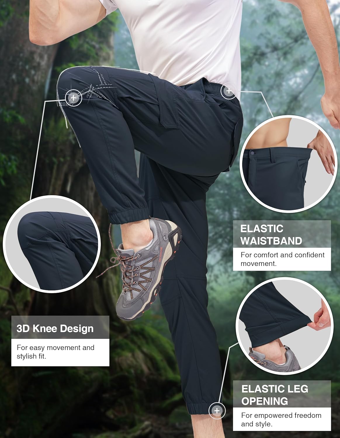 PULI Men's Cargo Pants, Tapered Hiking Joggers, 4-Way Stretch Water Resistant Quick Dry Breathable Lightweight 28/30/32/34''