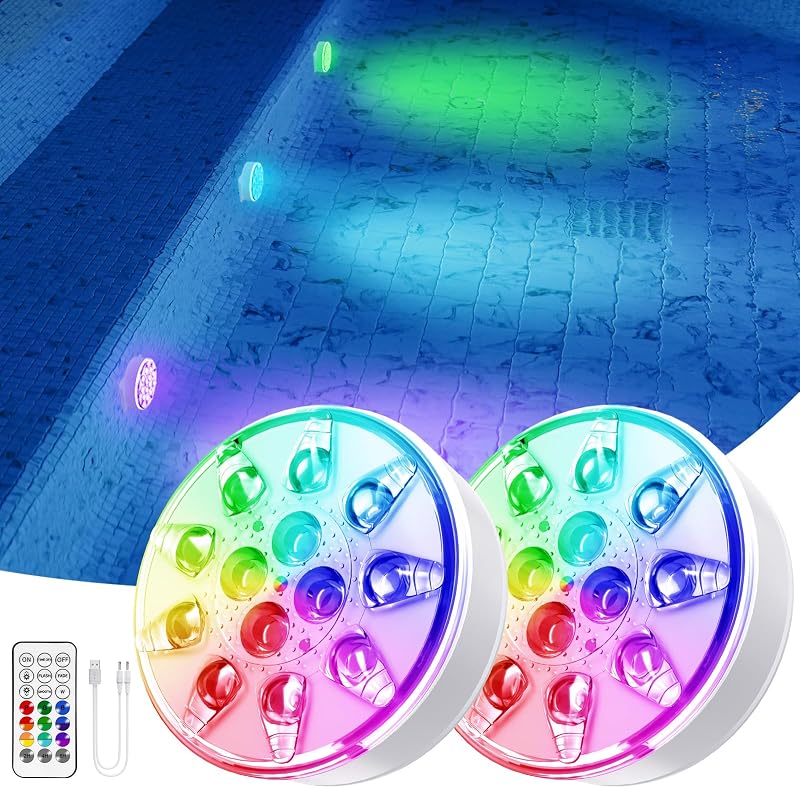 Pool Lights - 2 Pack, Rechargeable Submersible LED Pool Lights with Remote, IP68 Waterproof Underwater Pool Decor Light for Inground Pools, Above Ground Pools, Parties, Hot Tubs