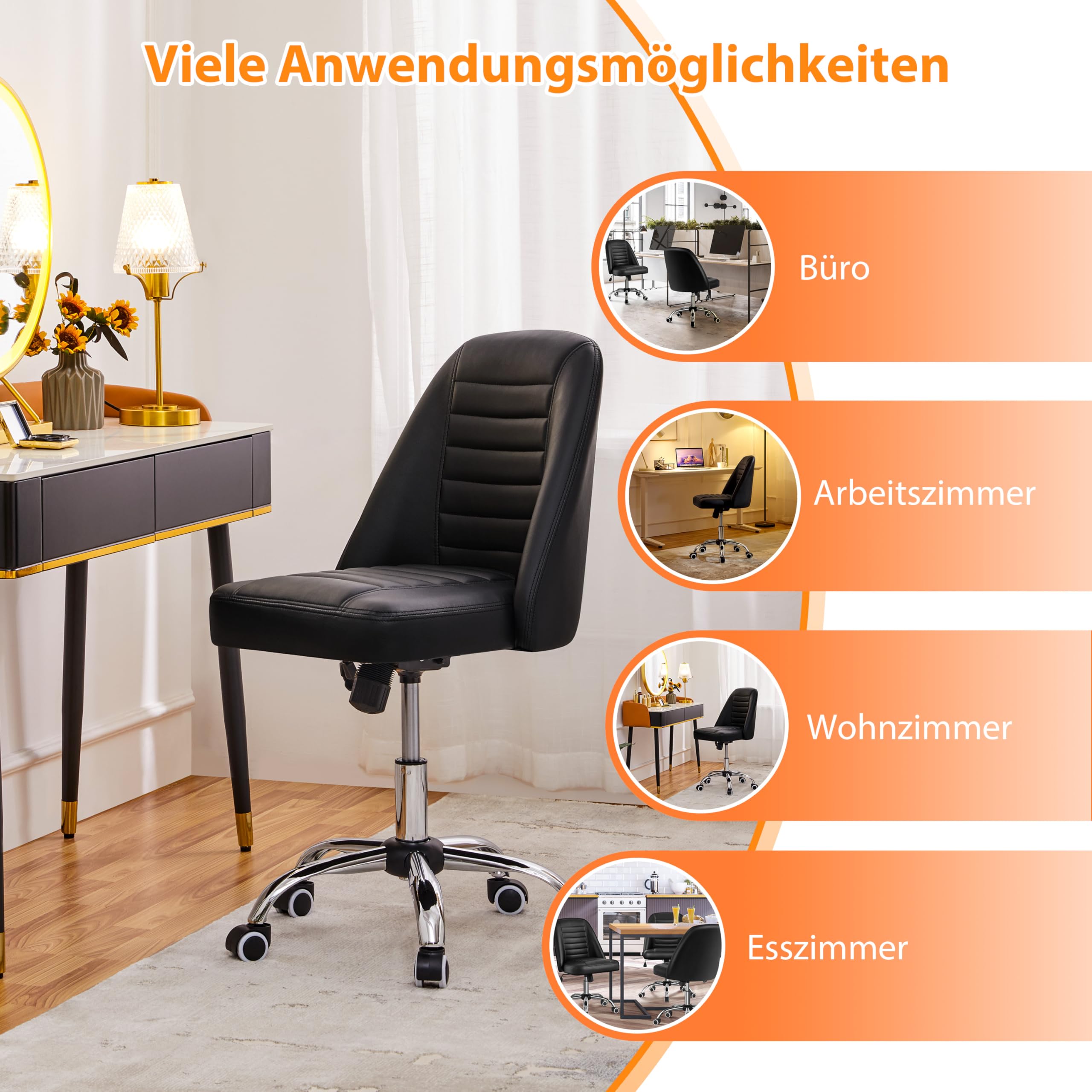 Yaheetech Bürostuhl ohne Armlehne Schreibtischstuhl Drehstuhl mit Rollen ergonomischer Schreibtischsessel höhenverstellbar Arbeitshocker Schminkstuhl Kunstleder Schwarz