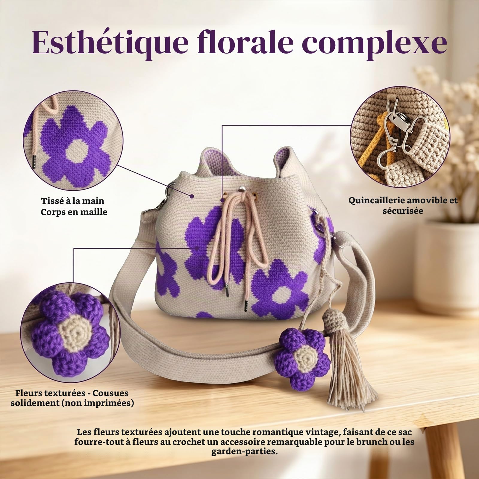 Sac fourre-tout à fleurs en crochet fait à la main, sac à bandoulière en maille beige renforcée avec charme floral, vacances d'été à la plage et marché fermier, marché de grande capacité(Style E)