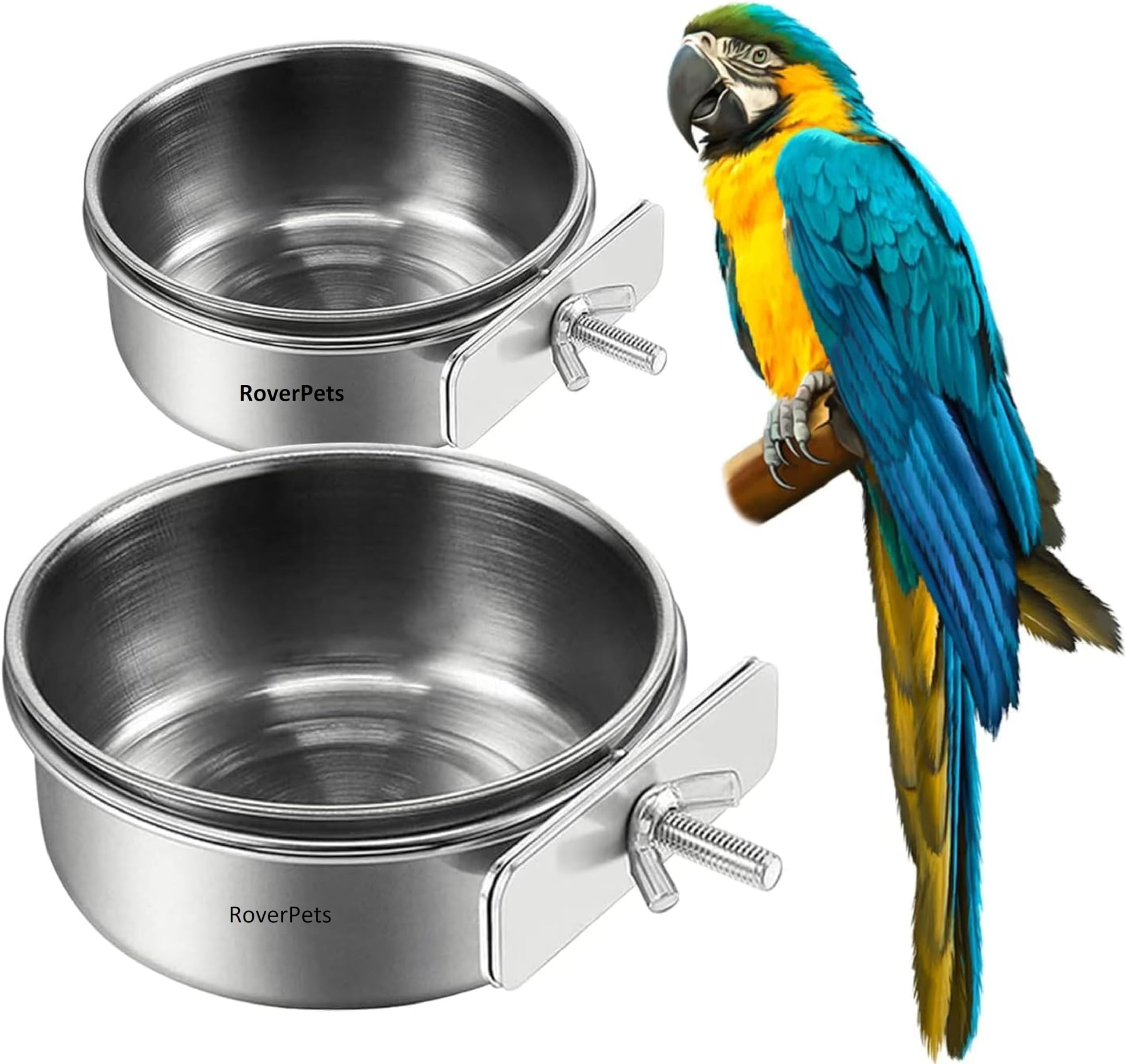 RoverPets 2Pcs Stainless Steel Bird Feeding Bowls, Feeding Cup, Stainless Steel Parrot Food Bowl Cage with Holder, Parrot Water Feeder (Design - 2, Bird Bowl - 250ML Pet Cage Cup Holder)-image-5