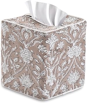 Ridhi Taupe Block Print Tissue Box Cover Handmade Cotton Fabric Decorative Square Napkin Holder for Home Bedroom Living Room Bathroom Vanity Countertop Car Night Stands Office Kitchen
