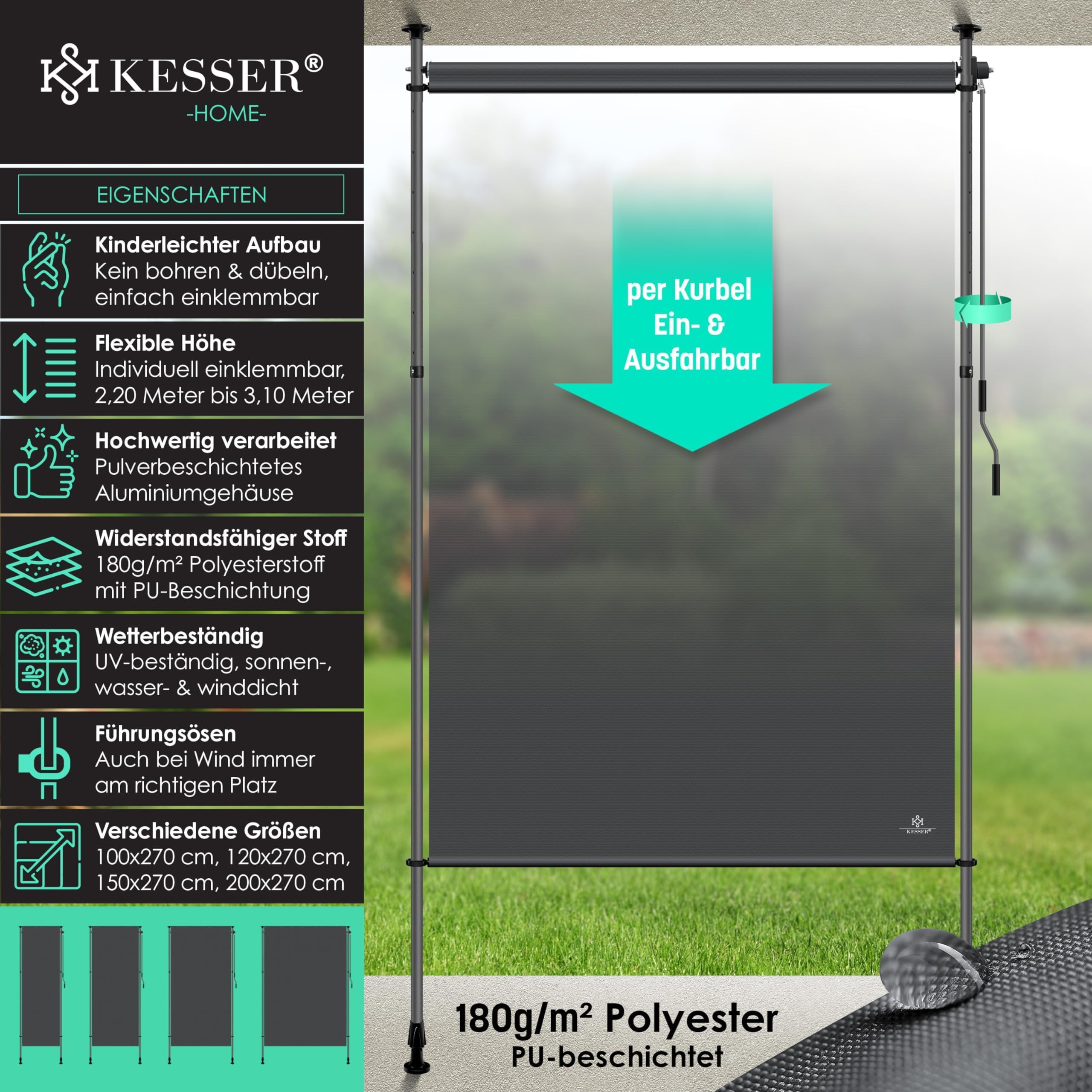 KESSER® Toldo de sujeción de 200 x 310 cm, para jardín, balcón, protección visual, resistente a la intemperie, al viento y al sol, toldo vertical con manivela sin taladrar, extensible, impermeable y