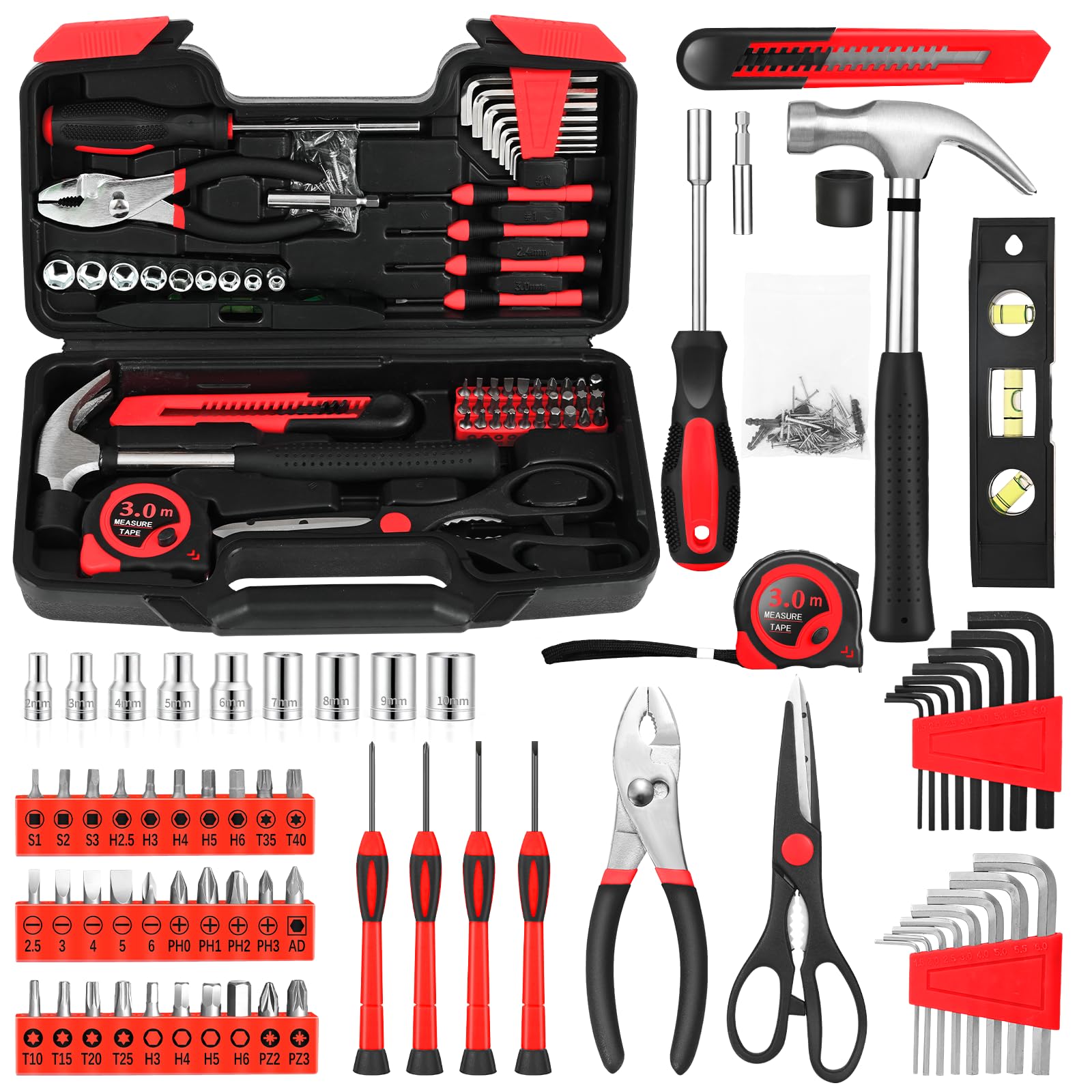 144-Piece Red Home Tool Set, Household Hand Kit with Plastic Toolbox