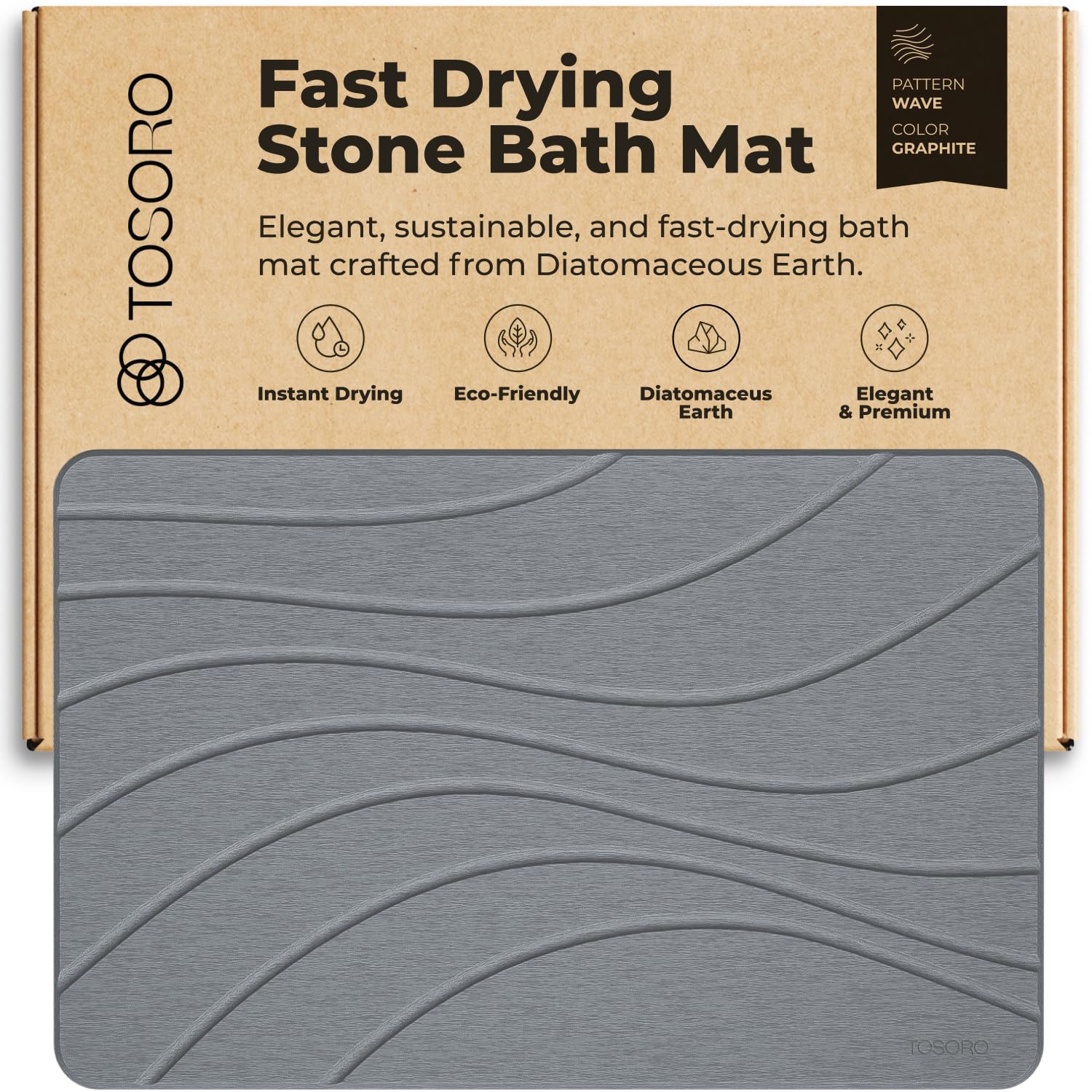 TOSORO - Stone Bath Mat, Diatomaceous Earth Non-Slip Stone Shower Mat - Quick Drying Absorbent Bath Mats for Bathroom - Elegant Modern Design, Easy to Clean (23.5 x 15) - Graphite