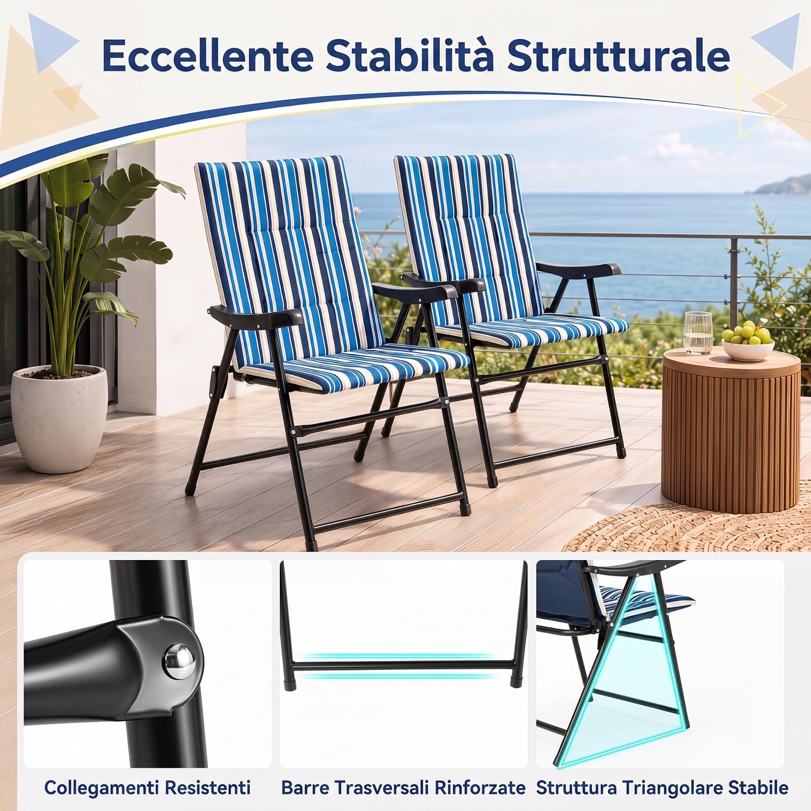 COSTWAY Set di 2 Sedie da Campeggio Pieghevoli, Sedie da Spiaggia Portatili | con Braccioli, Cuscino Morbido e Schienale Alto, Portata 150 kg, Sgabelli Imbottiti da Esterno per Giardino e Terrazza