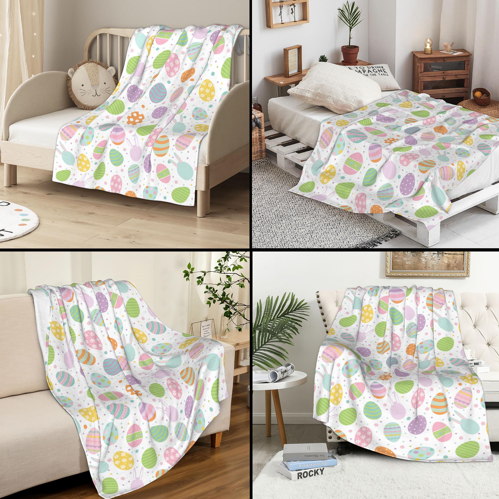 Easter Eggs Throw Blanket, Colorful Easter Decorations for Boys and Girls, Happy Easter Egg Flannel Throw Blanket, Super Soft Warm Easter Blanket for Couch Chair Sofa and Bed 40x50 inch
