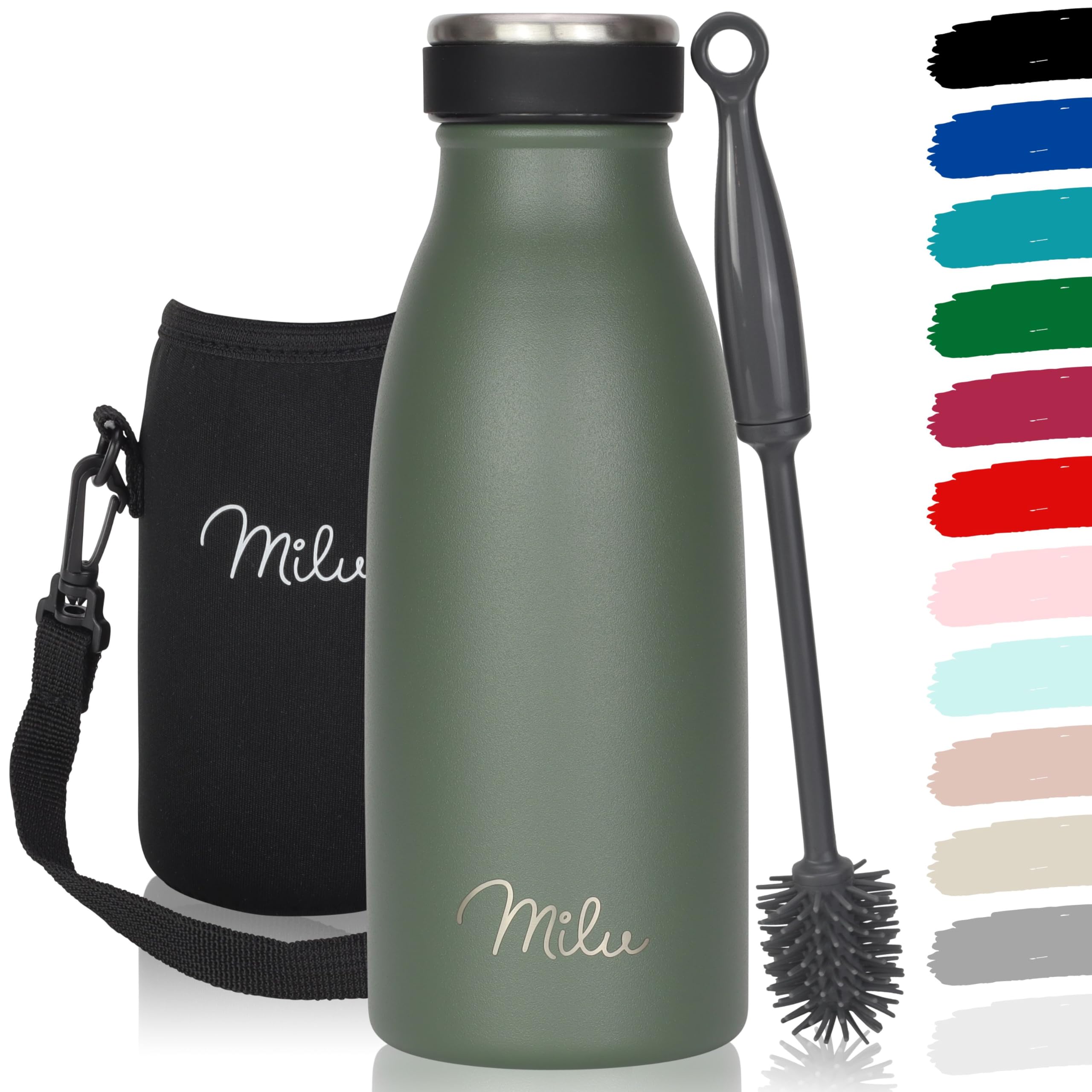 Milu Stainless Steel Drinking Bottle 350 ml - Insulated Thermo Flask for Water - Leak Proof, Insulated and Double Walled, Carbonated (Olive Green, 350ml)