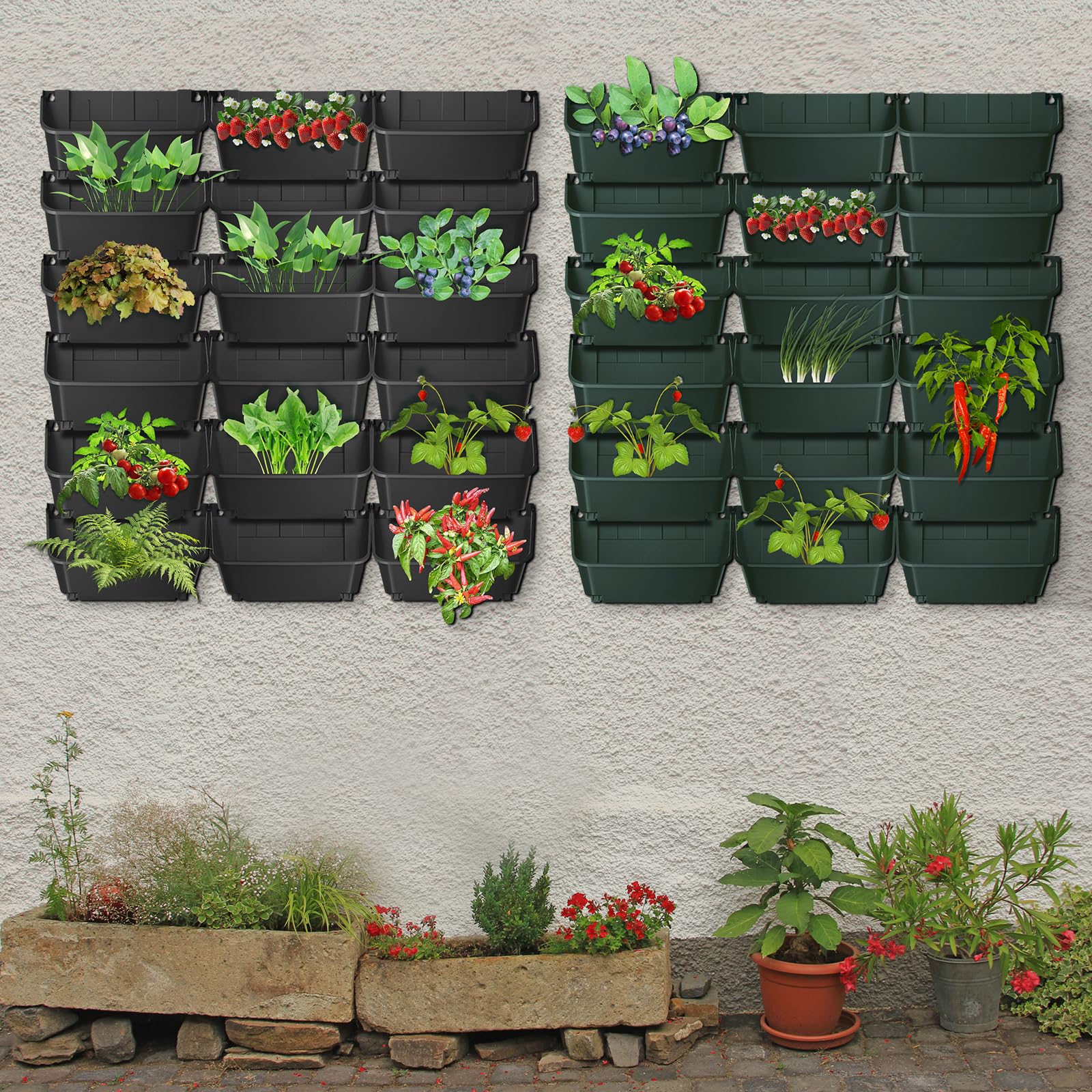 Juego de 18 macetas verticales de pared con sistema de riego por goteo, 350ml, para pared, 70kg, jardín vertical para balcón o jardín, 33*14*18.5cm, Negro