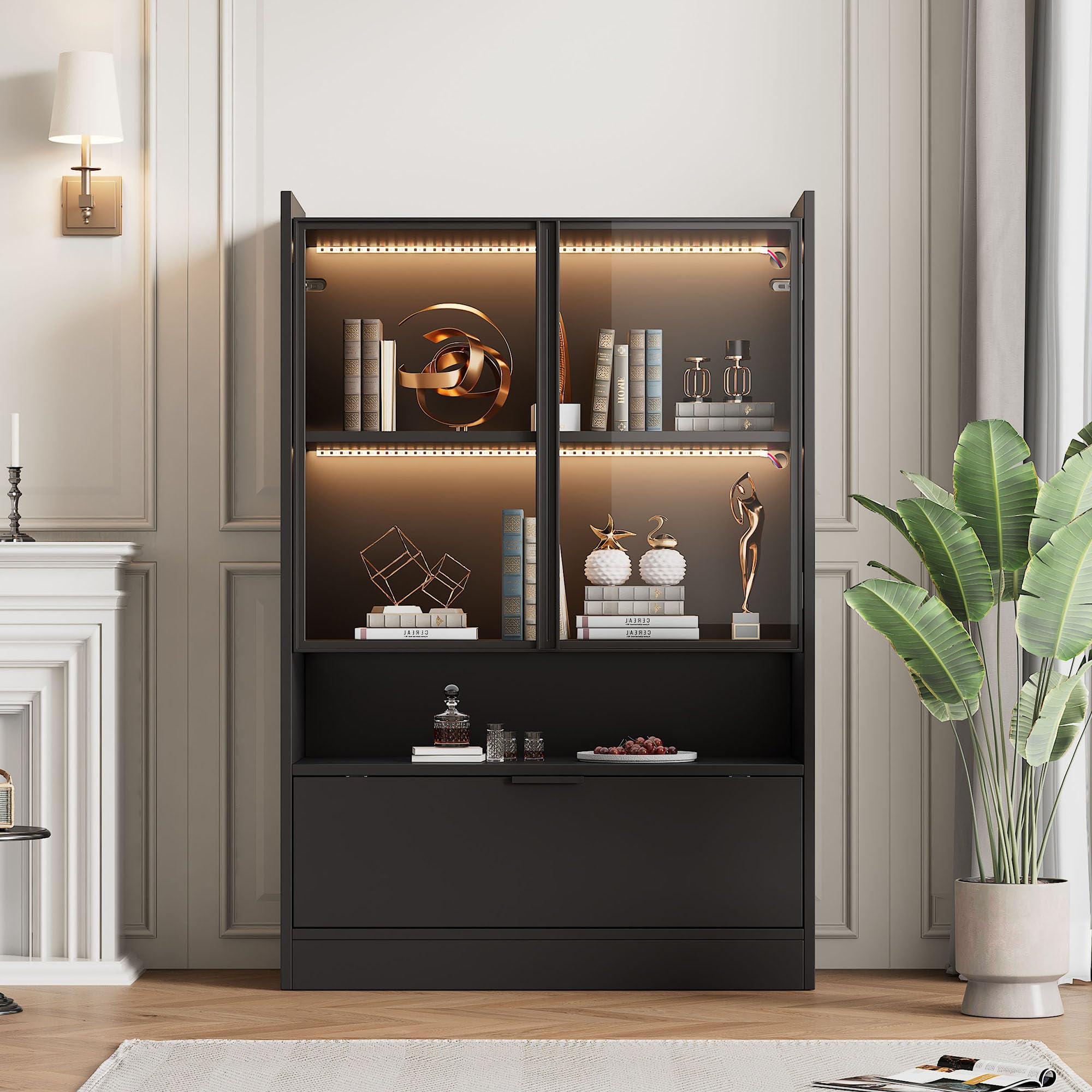 Merax Vitrinenschrank Transparente Vitrine mit LED, Moderner Bücherschrank mit 2 Glastüren & 1 Falttür & Offenes Regal, Sammlervitrine Standvitrine für Wohnzimmer Esszimmer Büro, Schwarz Matt, 120cm
