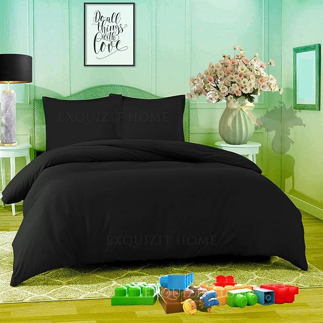 EXQUIZIT HOME Duvet Quilt Cover Bedding Set With Matching Pillow Cases Easy Care Plain Dyed Poly Cotton COLOUR BLACK DOUBLE