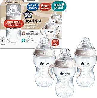 Tommee Tippee Natural Start Baby Bottle, 11oz, Thicker Feed, Breast-Like Nipple for Babies 6 Months+, Clear, 3 Count