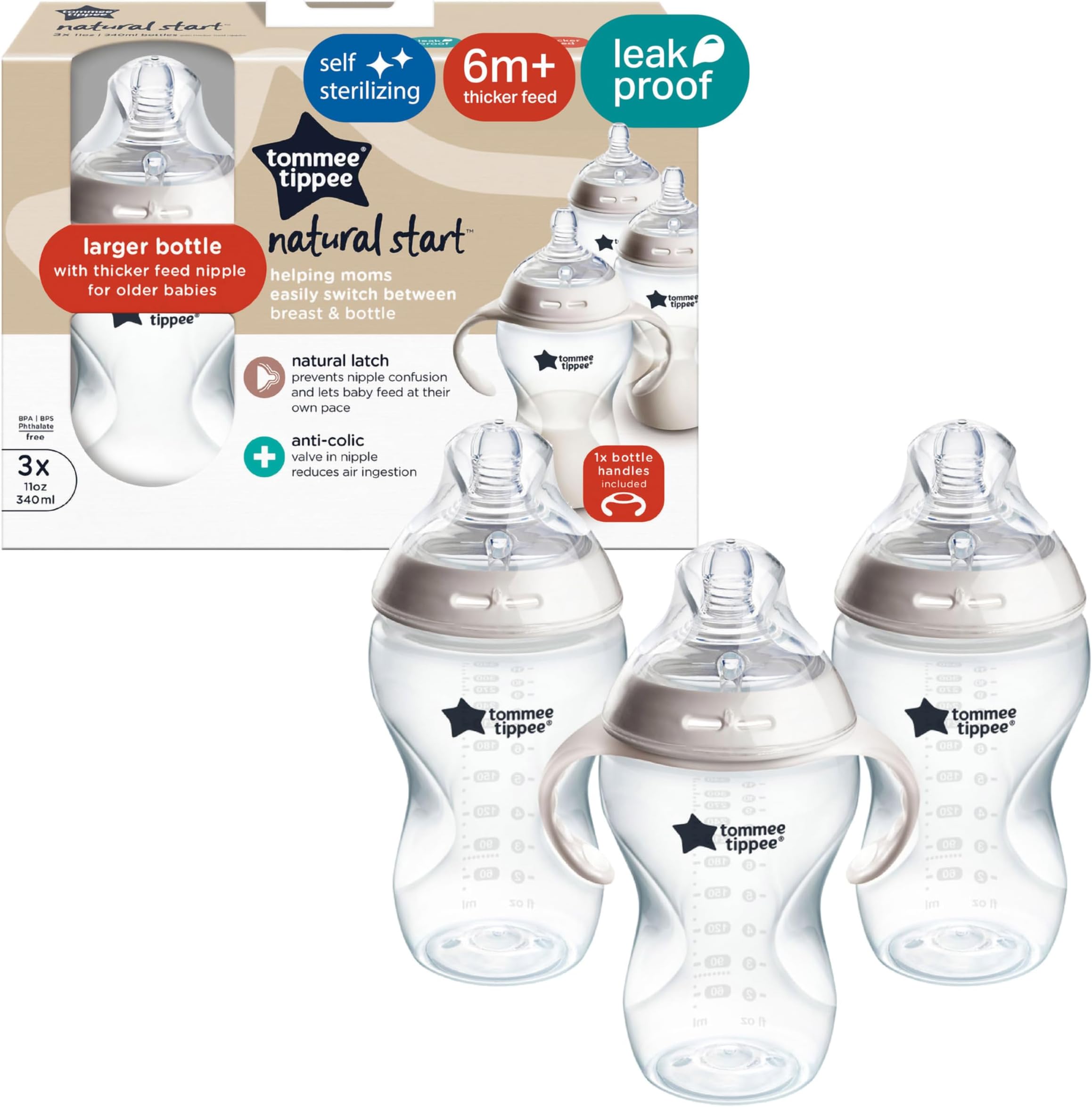 Tommee Tippee Closer to Nature Added Cereal Baby Bottle, Y-cut Bottle, BPA-free (11oz, 3 Count)