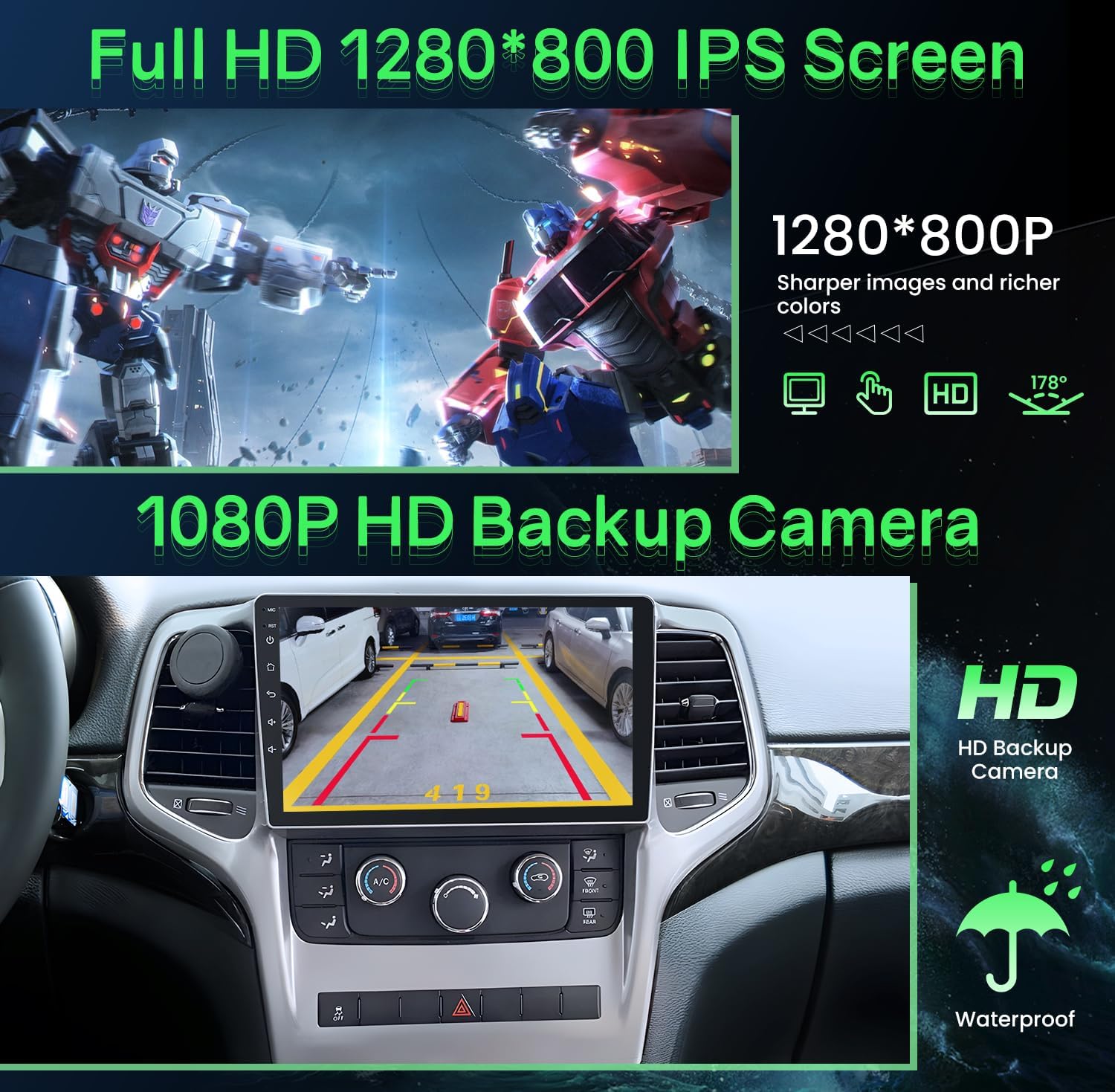 Contents of the Jufodrca car radio package, including the main unit, cables, GPS antenna, microphone, and backup camera.