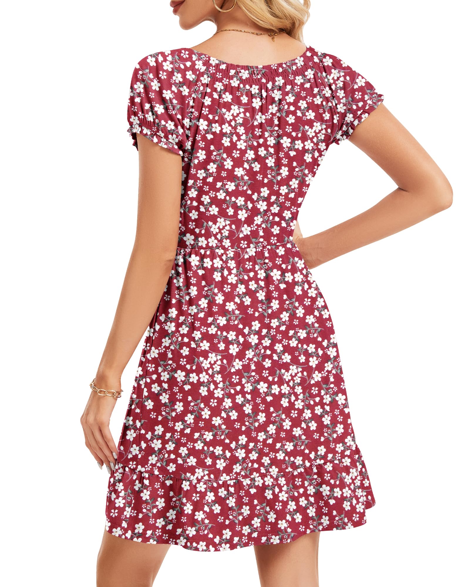 AUSELILY Vestido Mujer Verano Cuello en U Mangas Abullonadas Vestidos | Cintura Elástica Minivestido Informal Vestidos Playa Elegante Leicht Corto Hasta la Rodilla con Bolsillos