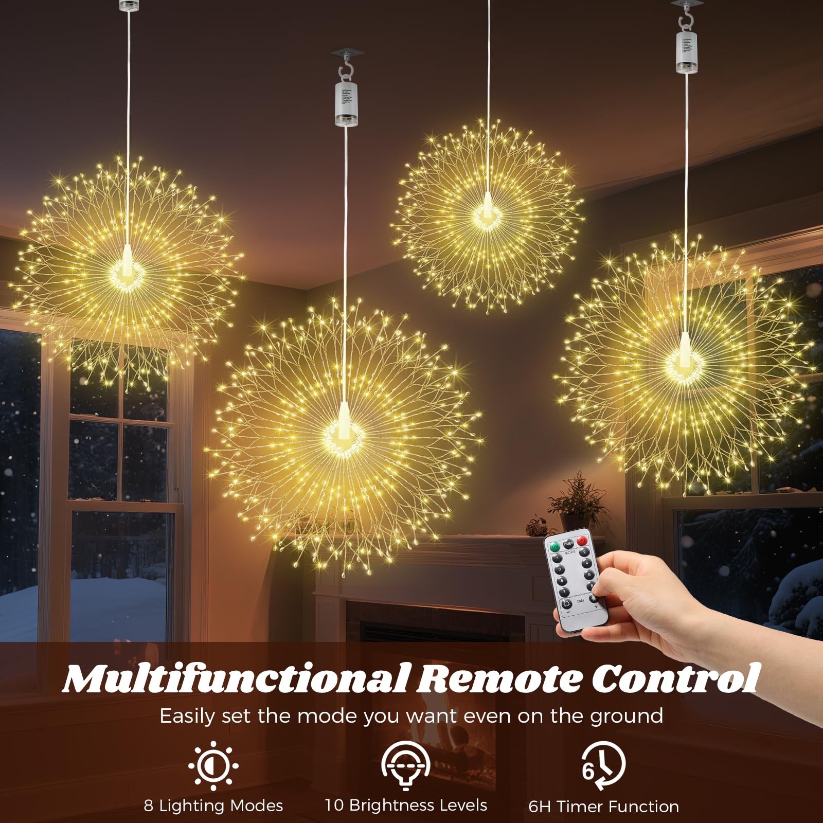 Lewondr Luci Fuochi D'Artificio Natalizi, 4PCS 210 LED Luci Appendibili Fate Con Telecomando, 8 Modalità, Luci A Stringa Stelle Impermeabili Per Interni Esterni Decorazione, Bianco Caldo