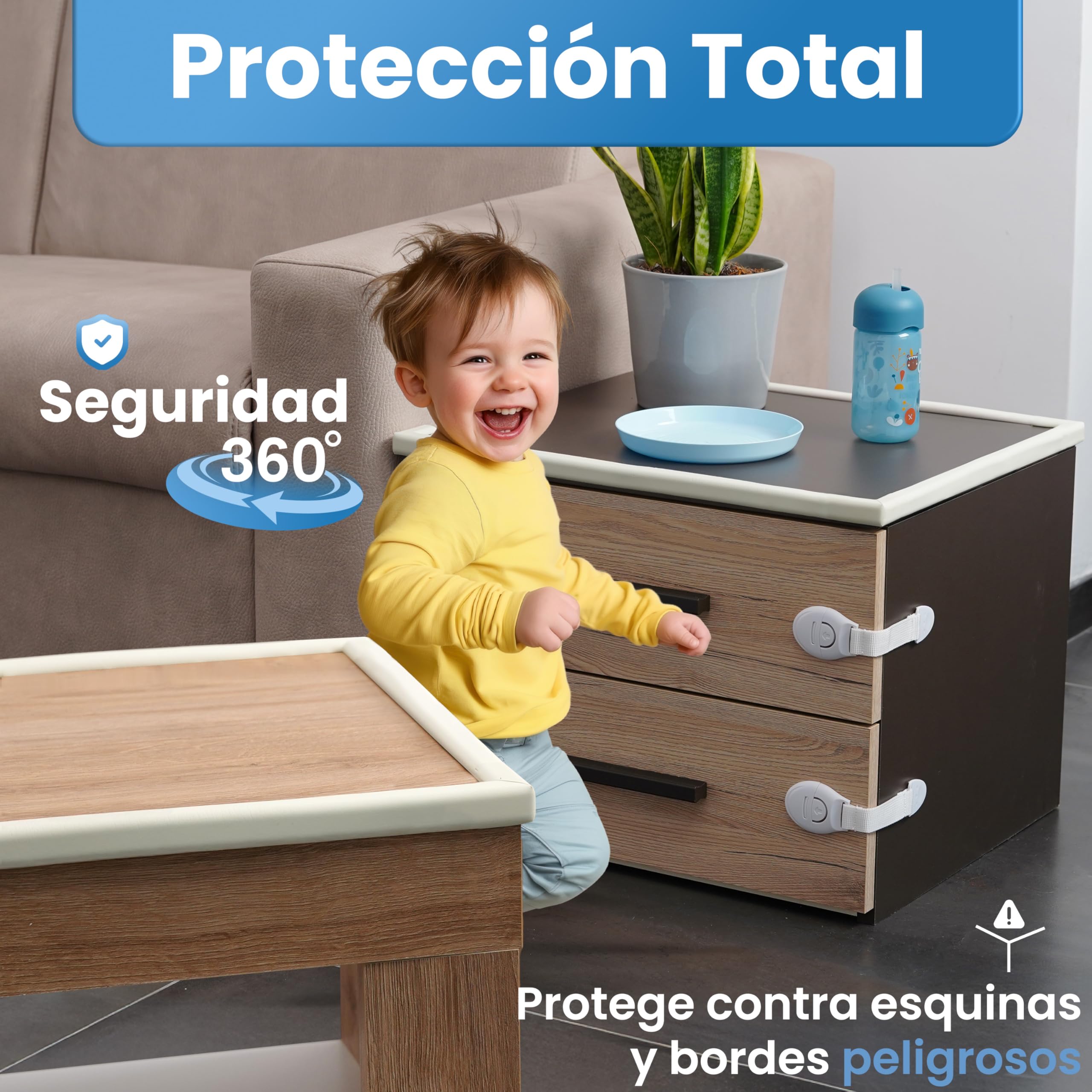 Happy Chlea Protector Esquinas Bebé – Cobertura Total 6,4 m (Rollo Protector de Bordes + 8 Cantoneras) + 4 Cerraduras y 1 Tope Puerta, Kit Seguridad Infantil para Mesa y Muebles