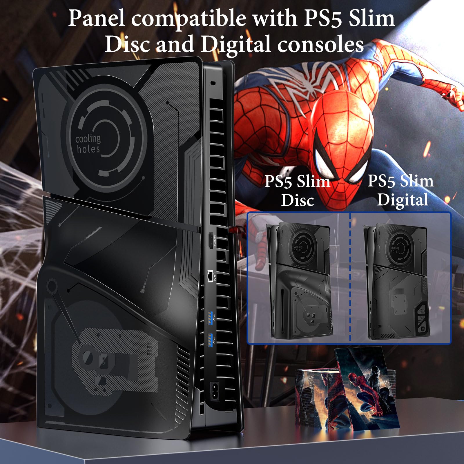 Faceplate Cover Kompatibel mit PS5 Slim Disc und Digital Edition, 4 in 1 PS5 Slim Cover Kompatibel mit PS5 Slim Konsole, Customized PS5 Slim Zubehör Hülle Skin für PS5 Slim - Schwarz