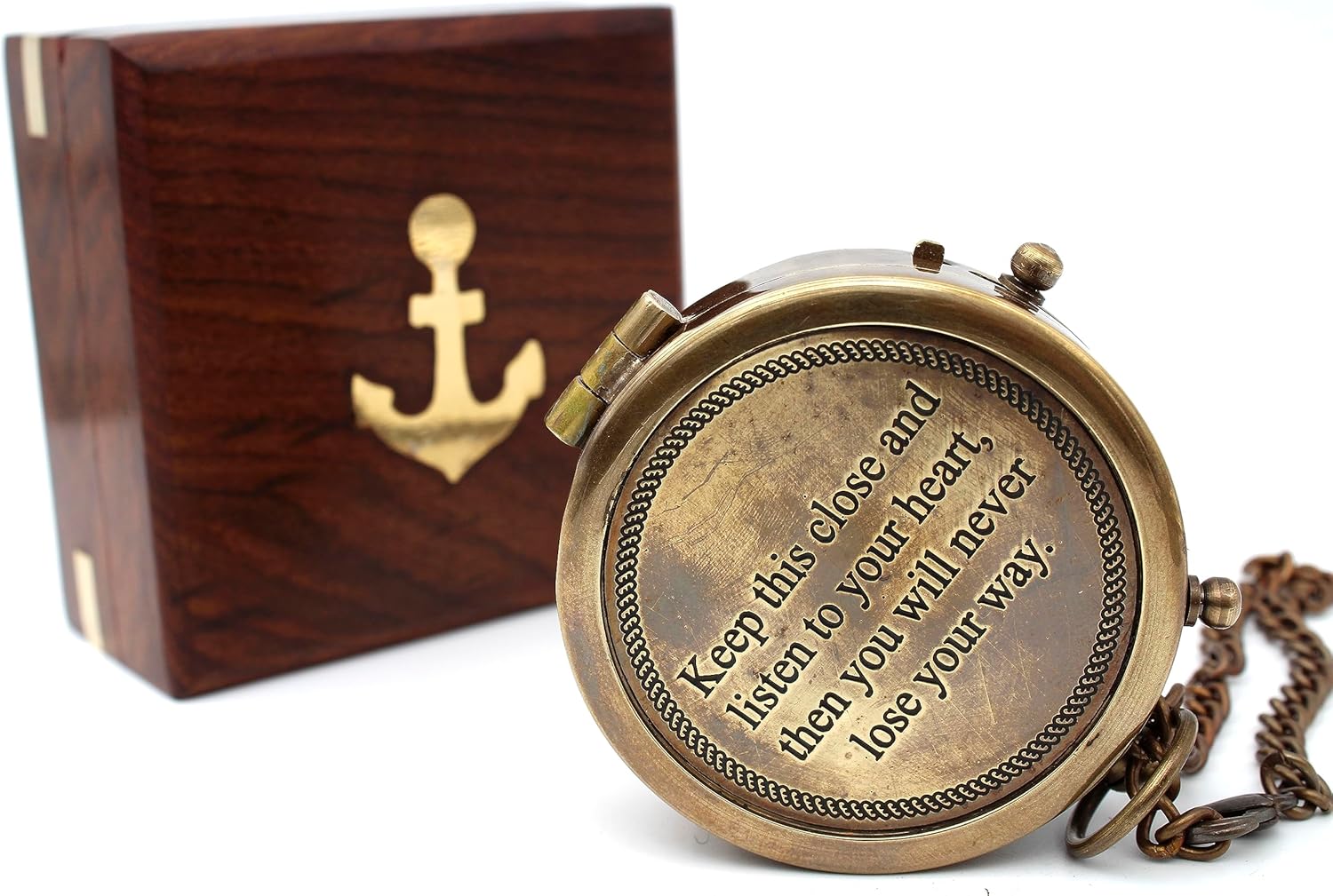 Listen to Your Heart Engraved Brass Compass | Portable Sentimental Son Birthday, Graduation, Confirmation Gift | Pocket Compass with Wooden Case with Case