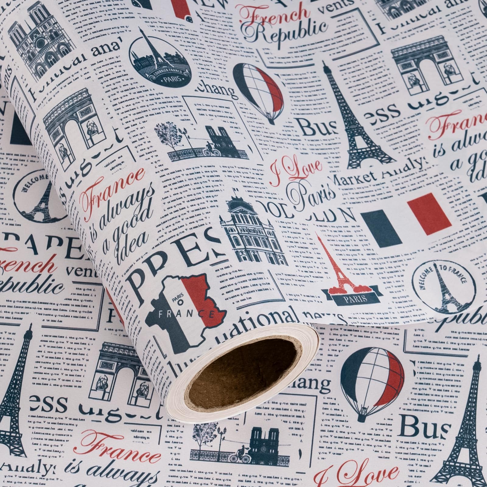 RUSPEPA Kraft Vintage Paris Wrapping Paper Roll - Mini Roll - 43.2cm x 5m - Retro French Travel Newspaper Wrapping Paper for Birthday, Wedding, Anniversary, Bridal Shower