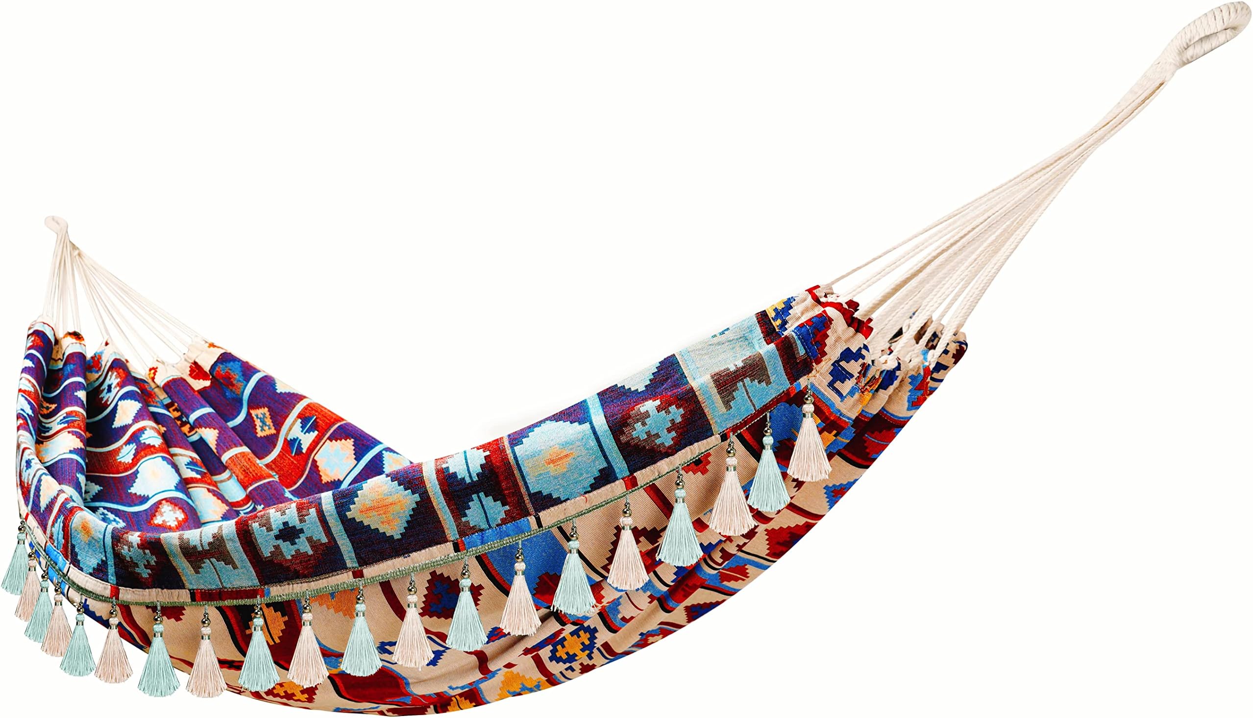 Hammock Garden Hammocks Hanging Outdoor Double Cotton Hammock Bed Terrace Boho Fringe Large Garden Hammocks for Adults Porch Travel Backyard Camping (Jacquard Retro, 200x150cm, max load 250kg)