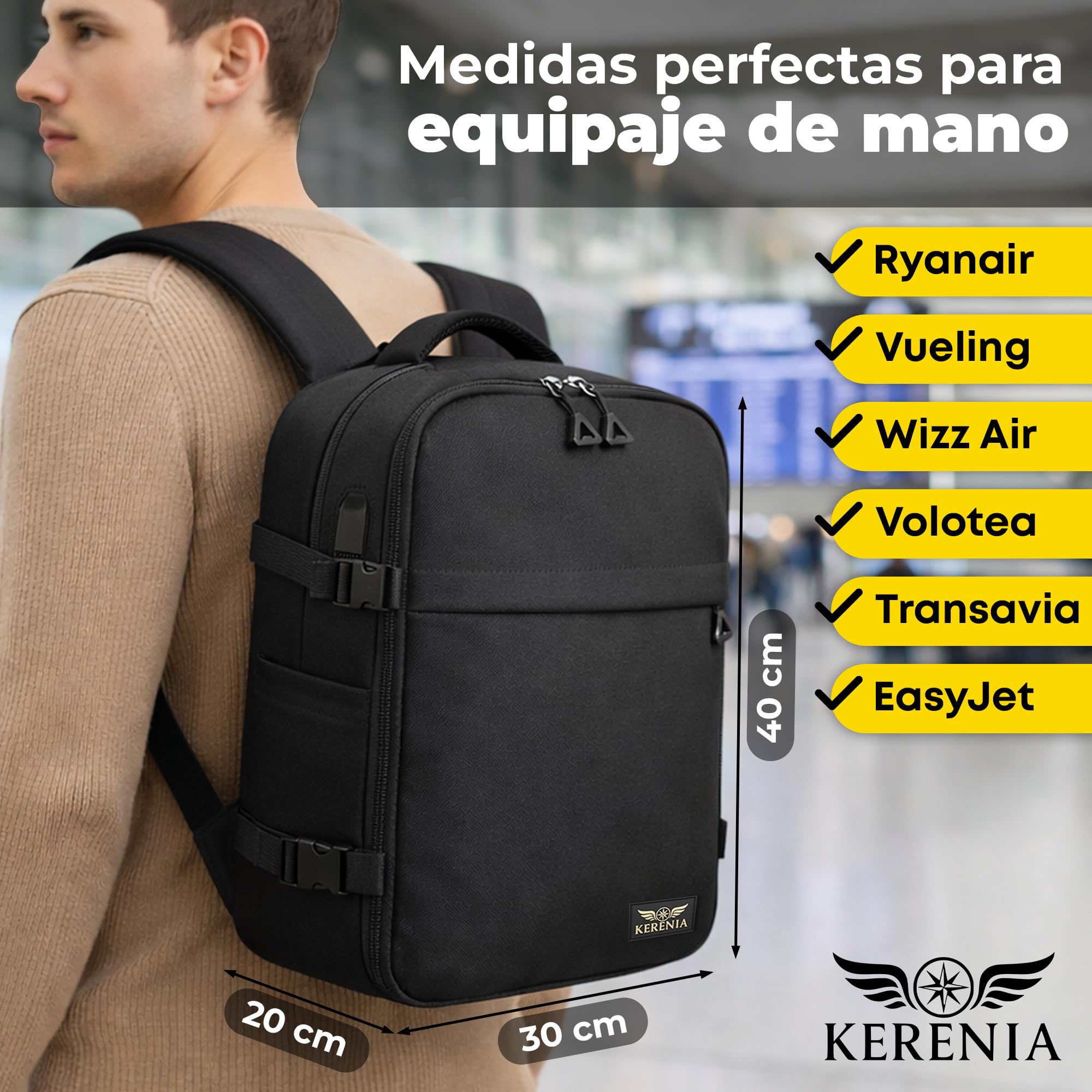 mochila cabina 40x30x20 24L Para Ryanair – equipaje de mano Bajo Asiento, mochila de viaje 40x30x20, Apertura 180º, Antirrobo, Compartimento portátil 15”, Banda Trolley, Diseñada en España. - 3