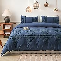 Vista 1 de Simple&Opulence Juego de funda de edredón 100% algodón Boho copetudo tamaño Queen, funda de edredón bordada texturizada color azul marino con 2