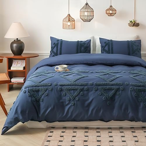 Simple&Opulence Juego de funda de edredón 100% algodón Boho copetudo tamaño Queen, funda de edredón bordada texturizada color azul marino con 2