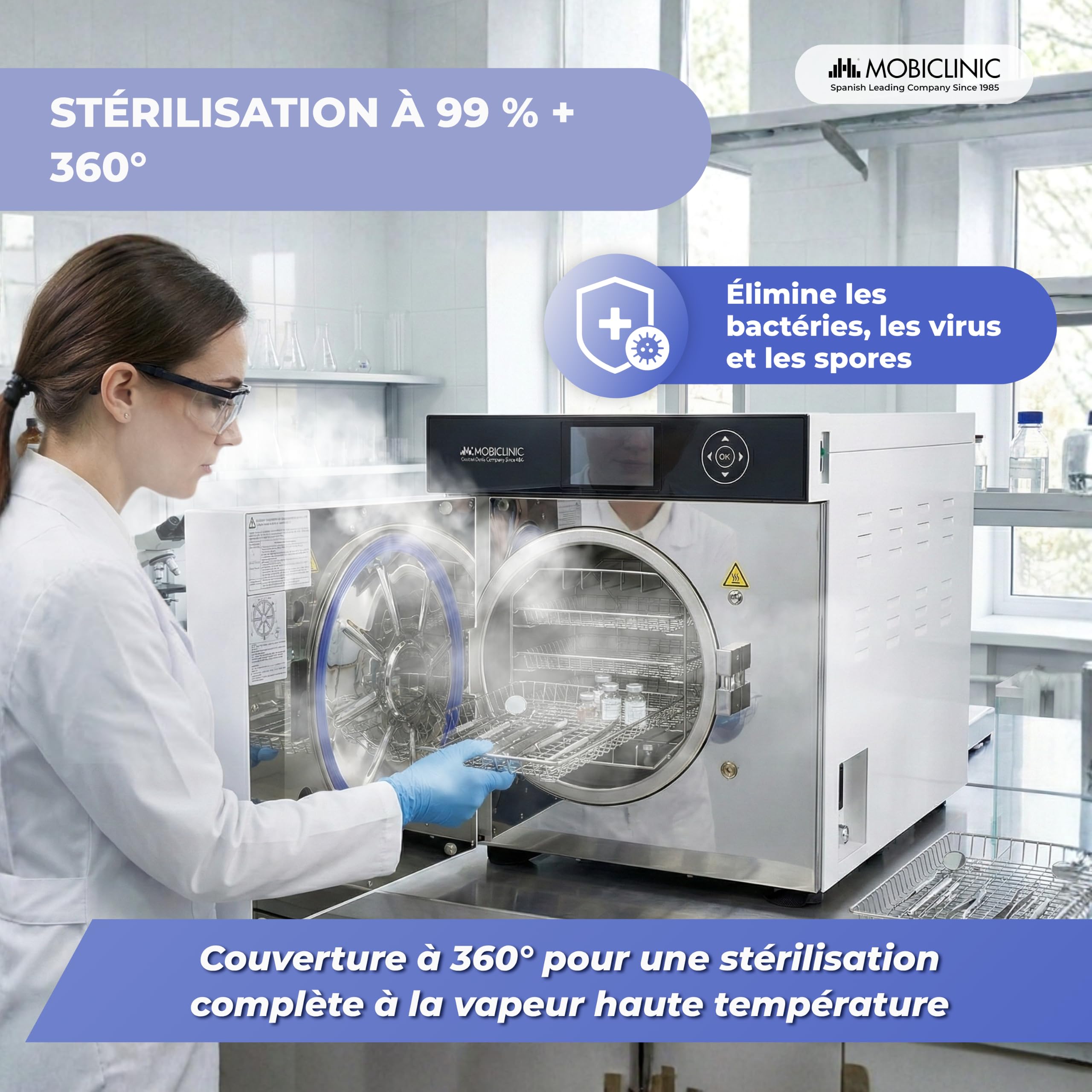 Mobiclinic®, Autoclave Professionnel, Stérilisateur Autoclave à Vapeur 17L, Désinfectant 99% avec Couverture 360°, 6 Cycles, Imprimante, USB, SD, Cliniques et Laboratoires, MobiClave Plus