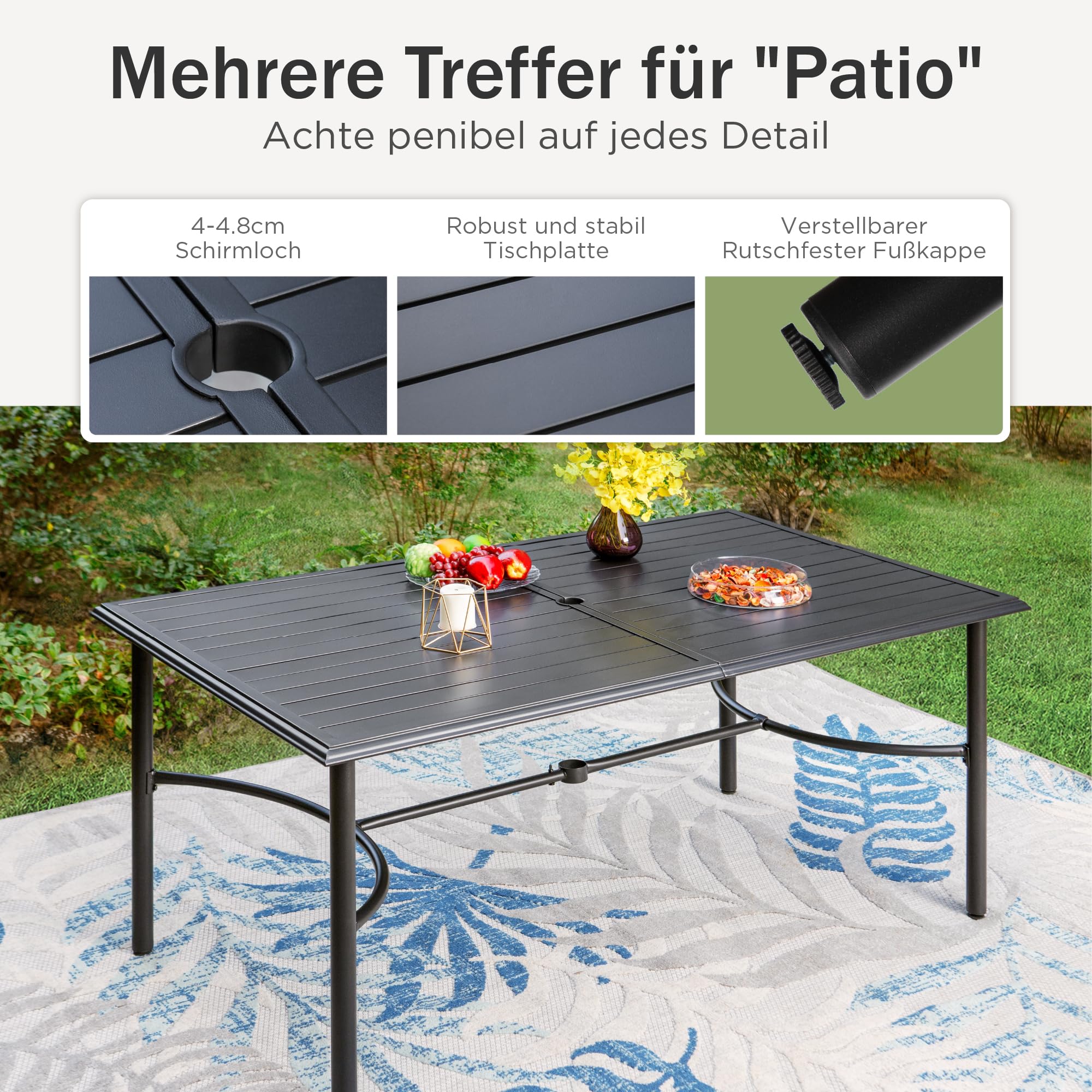 PHI VILLA Metall Gartenmöbel Set 6 stühle mit Tisch Wetterfest Schwarz | E-Beschichtung Rostfest Metall Sitzgruppe Outdoor, Stapelbare Stühle für Platz Sparen, 6 Personen, Terrasse, Veranda, Deck