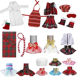 Jerify 24 Pcs Christmas Elf Doll Accessories Set Include Skirts White Bathrobe Plaid Sleeping Bag Fluffy Vest Scarf Stockings Eye Mask Glasses Kitchen Apron and Hat for Christmas Elf Doll Outfit