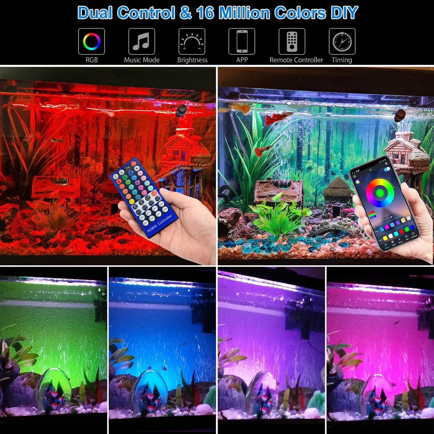 VARMHUS Lámpara LED acuario con control remoto y aplicación, resistente al agua IP68, múltiples luces y 10 modos de brillo, de espectro completo para acuarios de agua dulce (60-80CM)