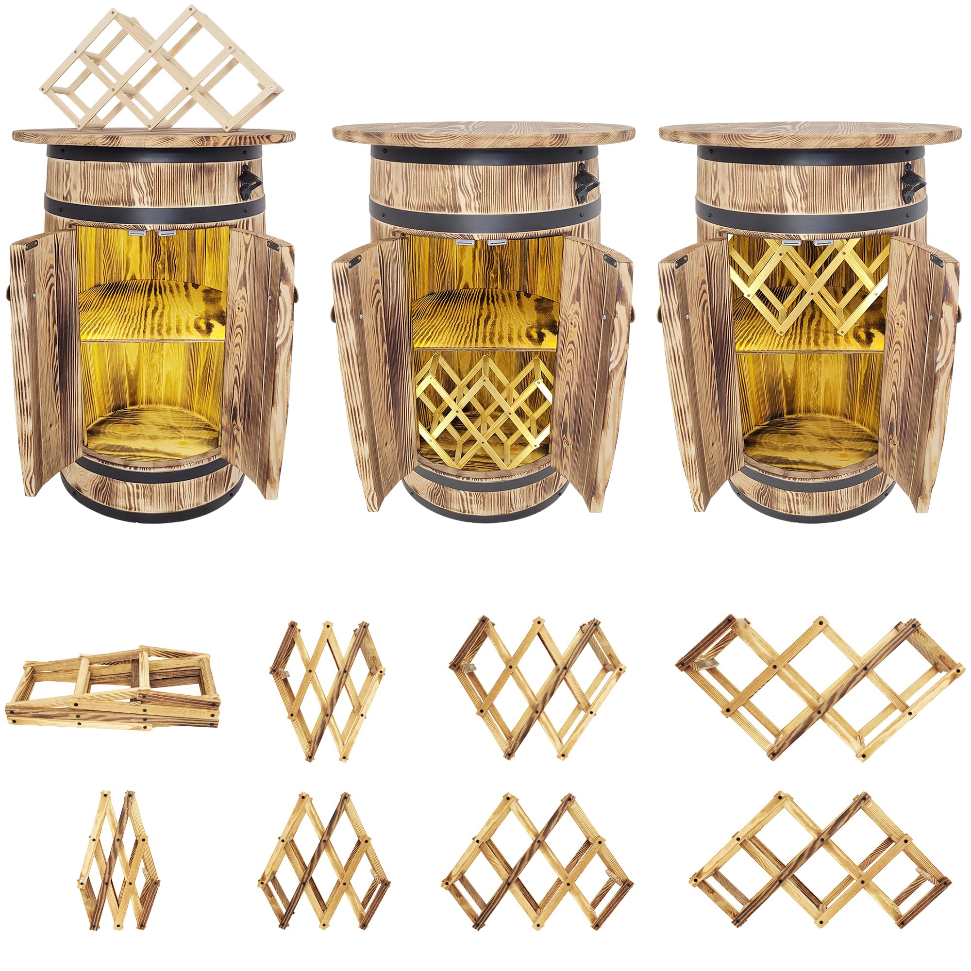 weeco Holzfass mit großer Ablagefläche und LED-Beleuchtung sowie klappbarem Weinregal für Zuhause und Gastronomie, Flaschenschrank für Alkohol, Flambiertes Holz 80x55x44 cm