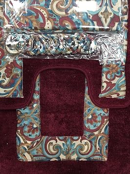 WPM 15 Piece Bath Set 2 Burgundy Red Bathroom Mats, 1 Matching Shower Curtain, 12 Fabric Rings- Sicily
